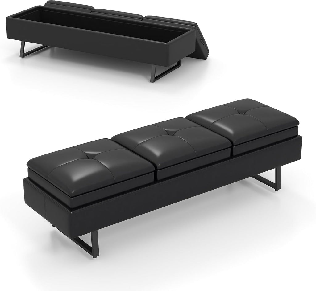AIIT 3-Seat Waiting Room Bench - Reception Chair with Thickened PU Leather & Storage, Lobby Bench for Office Barber Store Salon Shop, Black