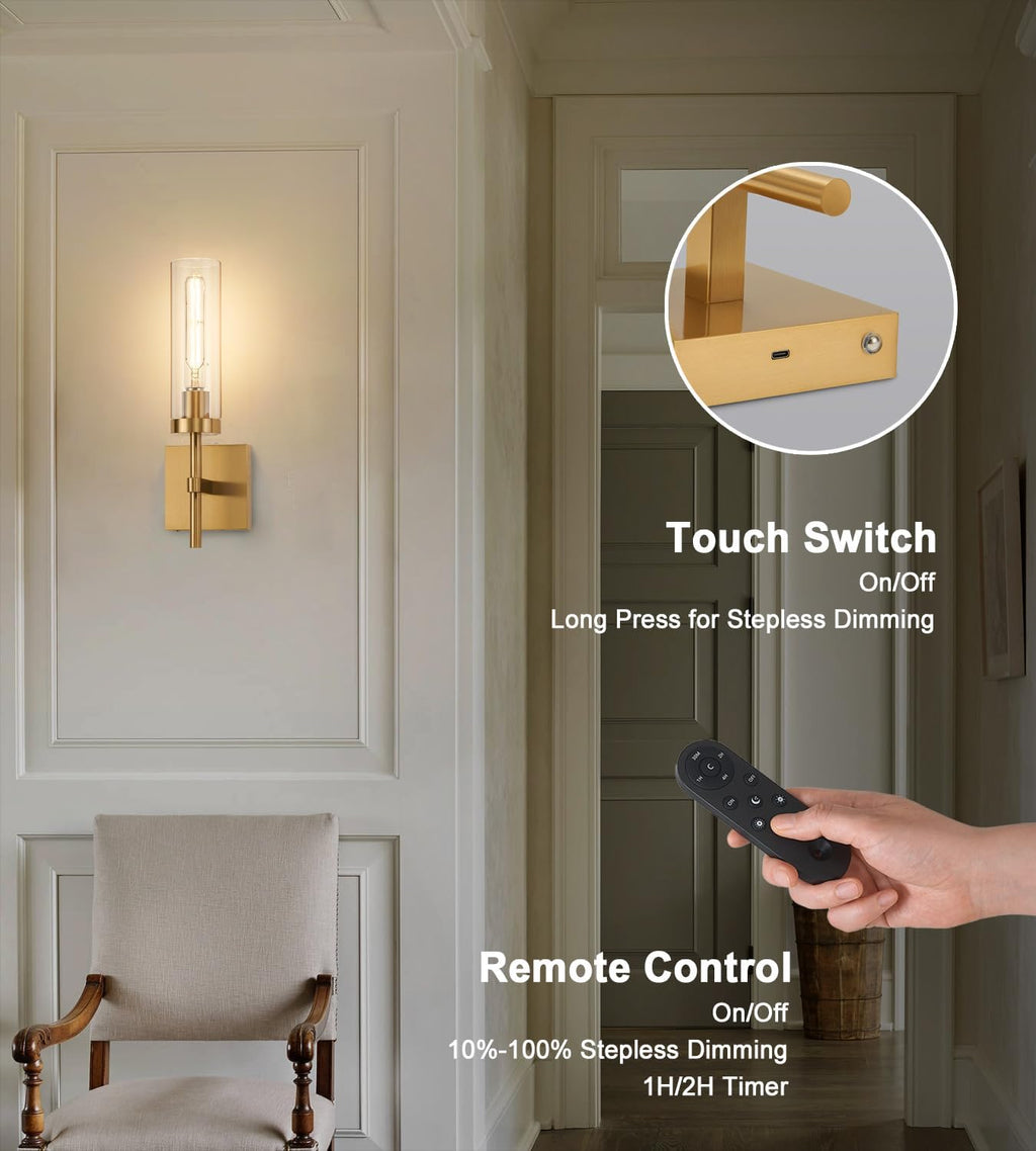 Gold Battery Operated Wall Sconce Set of 2, Wireless Wall Sconces with Remote Control, Rechargeable LED Dimmable Wall Light for Bedroom Bathroom Hallway Living room Entryway Stairwell, 3000K