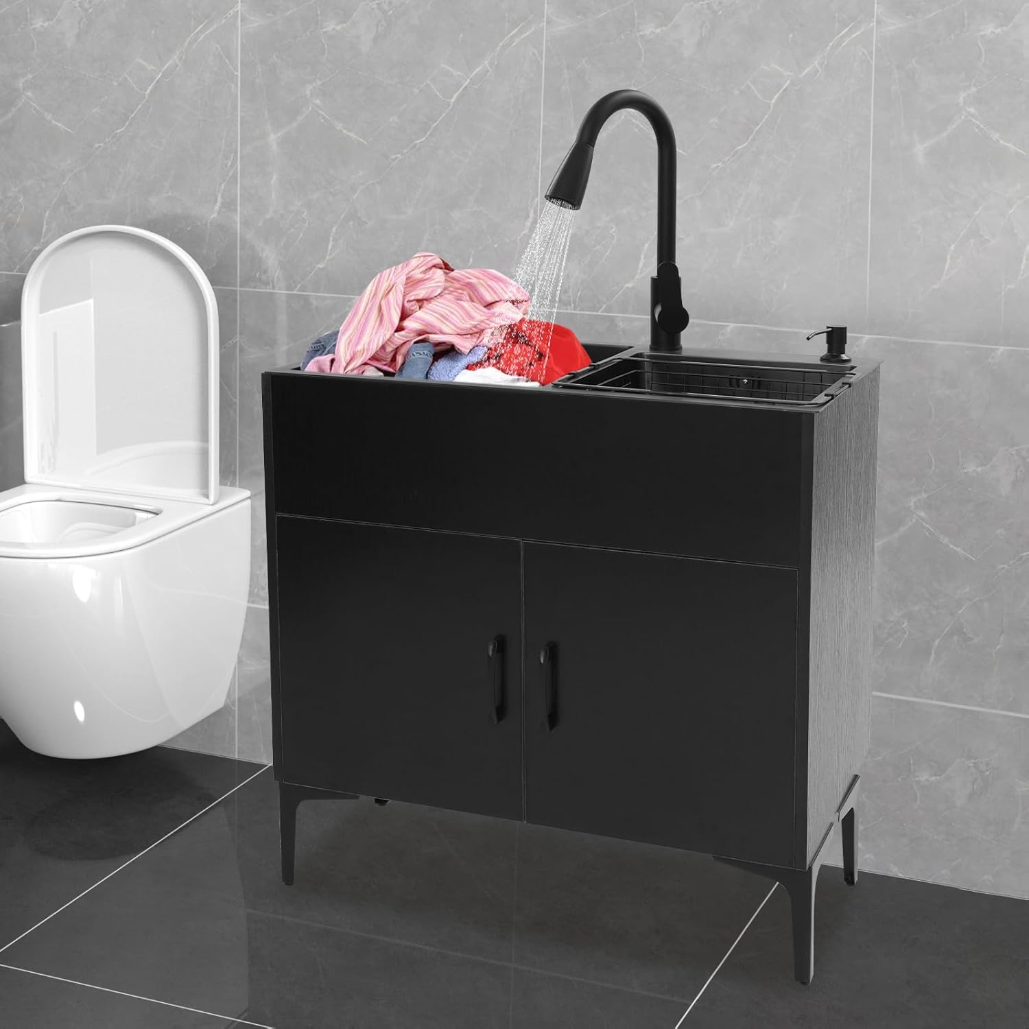 Laundry Sink with Cabinet, Stainless Steel Sink Laundry Tub with Faucet Heavy Duty Slop Freestanding Utility Sink for Washing Room Basement Garage Shop Single-Bowl (Black, 29.5 * 16.1 * 30.7in)