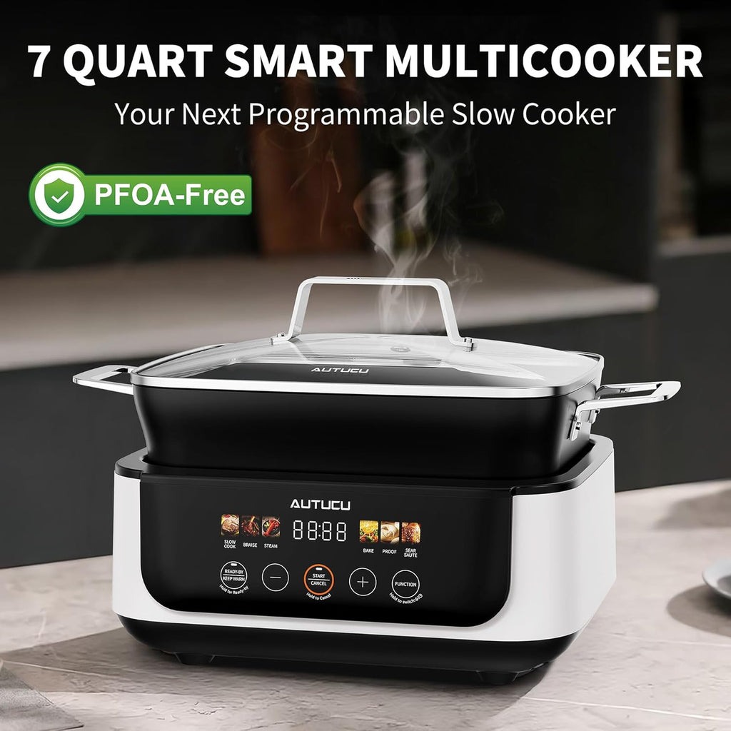 Slow Cooker 7-Quart Programmable Multi-Cooker PFOA-Free Ceramic Coating, Warm, Sear sauté, Steamer Function for Family Gatherings (Includes Silicone Spoon) White