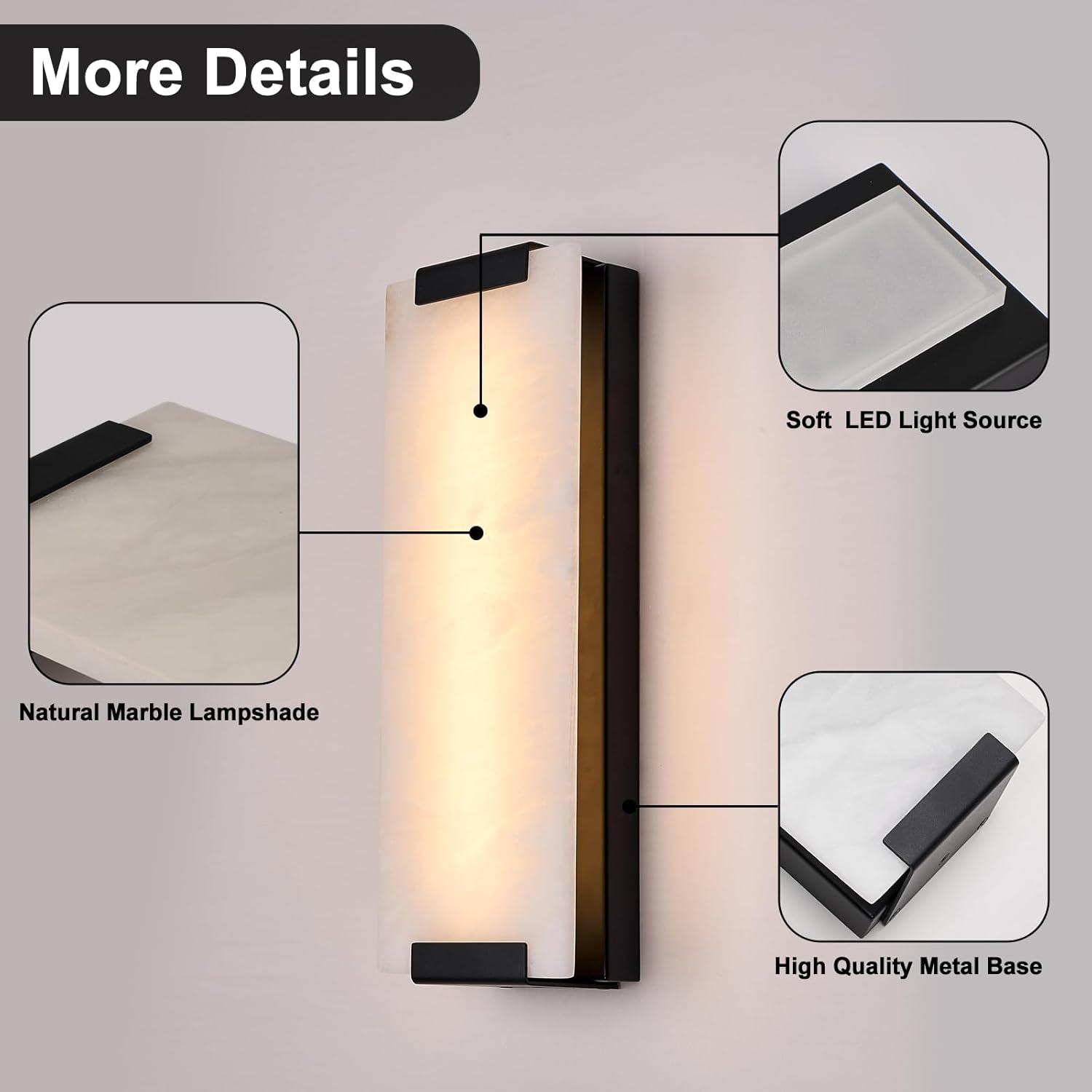 14.2in Alabaster Wall Sconces, Large Natural Marble Wall Sconces Set of Two, LED Modern Wall Lamp for Bedroom, Stairs, Living Room, Vanity, Bedside, Hallway （Black 12W）