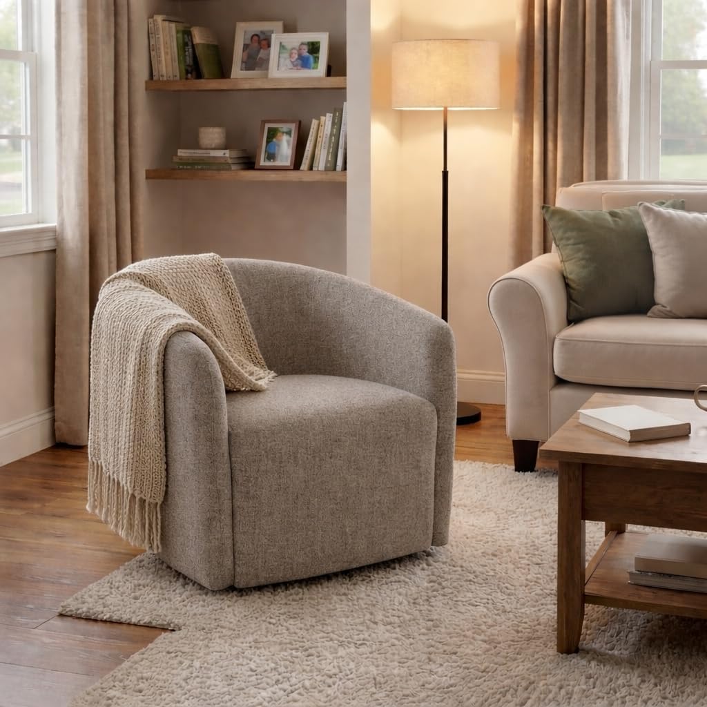 HomePop Upholstered Swivel Accent Chair, Modern Barrel Chair with 360° Swivel Base, Midtone Gray Fabric for Living Room, Bedroom, or Office