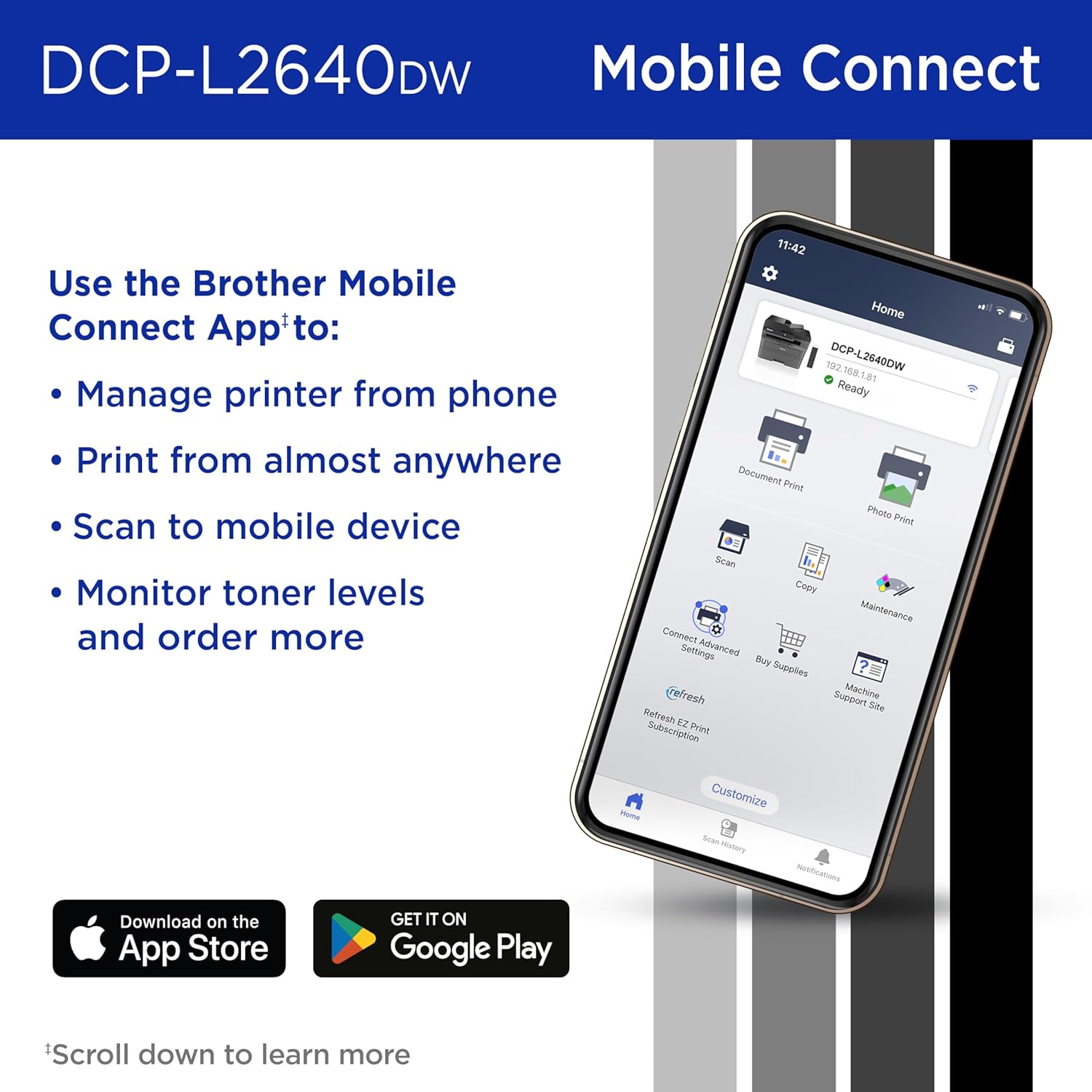 Brother DCP-L2640DW Wireless Compact Monochrome Multi-Function Laser Printer with Copy and Scan, Duplex, Black & White Output | Includes Refresh Subscription Trial(1), (Renewed Premium)