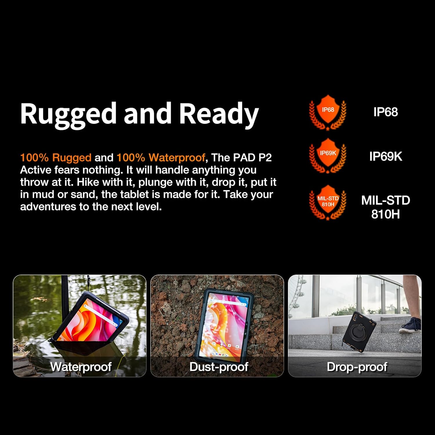 AGM PAD P2 Active Rugged Android 14 Tablet with Case, Waterproof & Drop-Proof, Widevine L1 & GMS Certified, 11" 90Hz FHD 480 NITS Display, MTK G99, 8000 mAh, 16(8+8) + 256GBTF 2TB, GPS, Compass, OTG