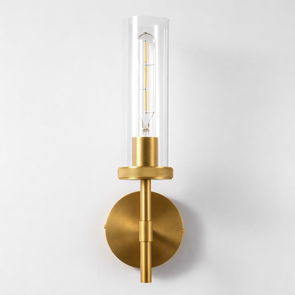15 Inch Brushed Gold Sconces Set of 2, Brass Gold Bathroom Wall Sconces with Clear Glass Shade Hardwired (Bulb Included)