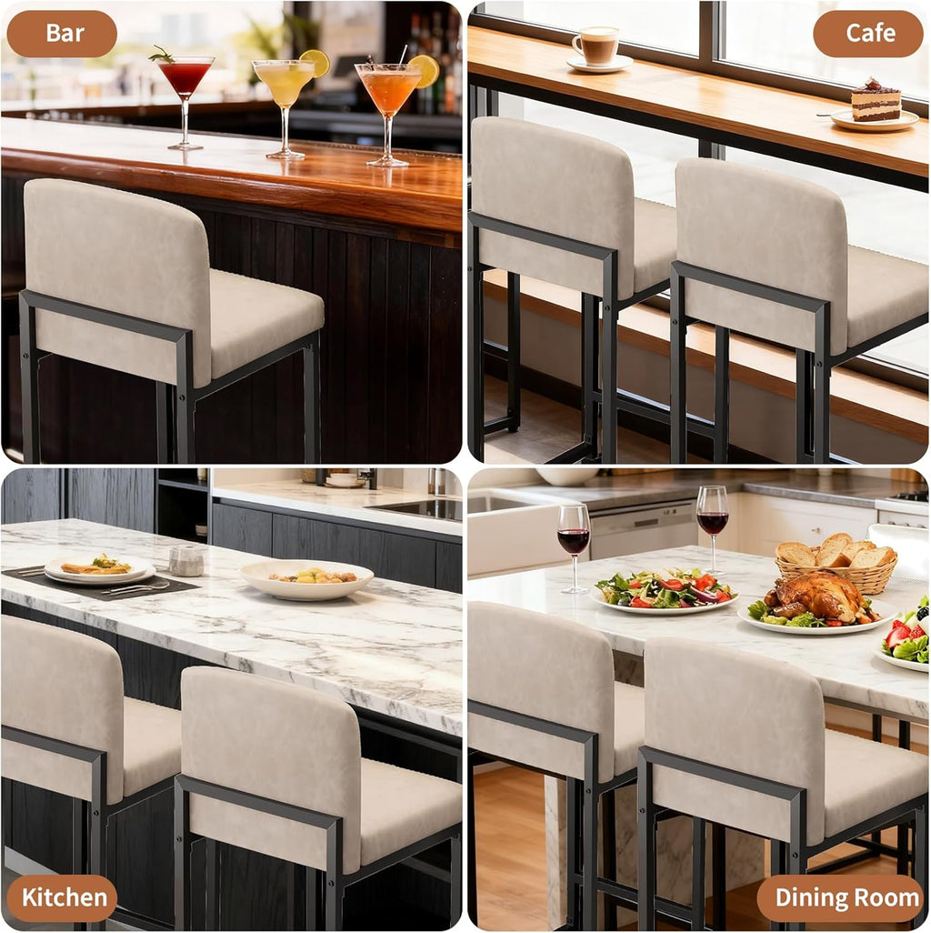 GarveeHome Bar Stools Set of 4, Modern Counter Height Bar Stools with Back and Footrest, Faux Leather Upholstered Barstools Chairs for Kitchen Island Dining Room Bar, Beige