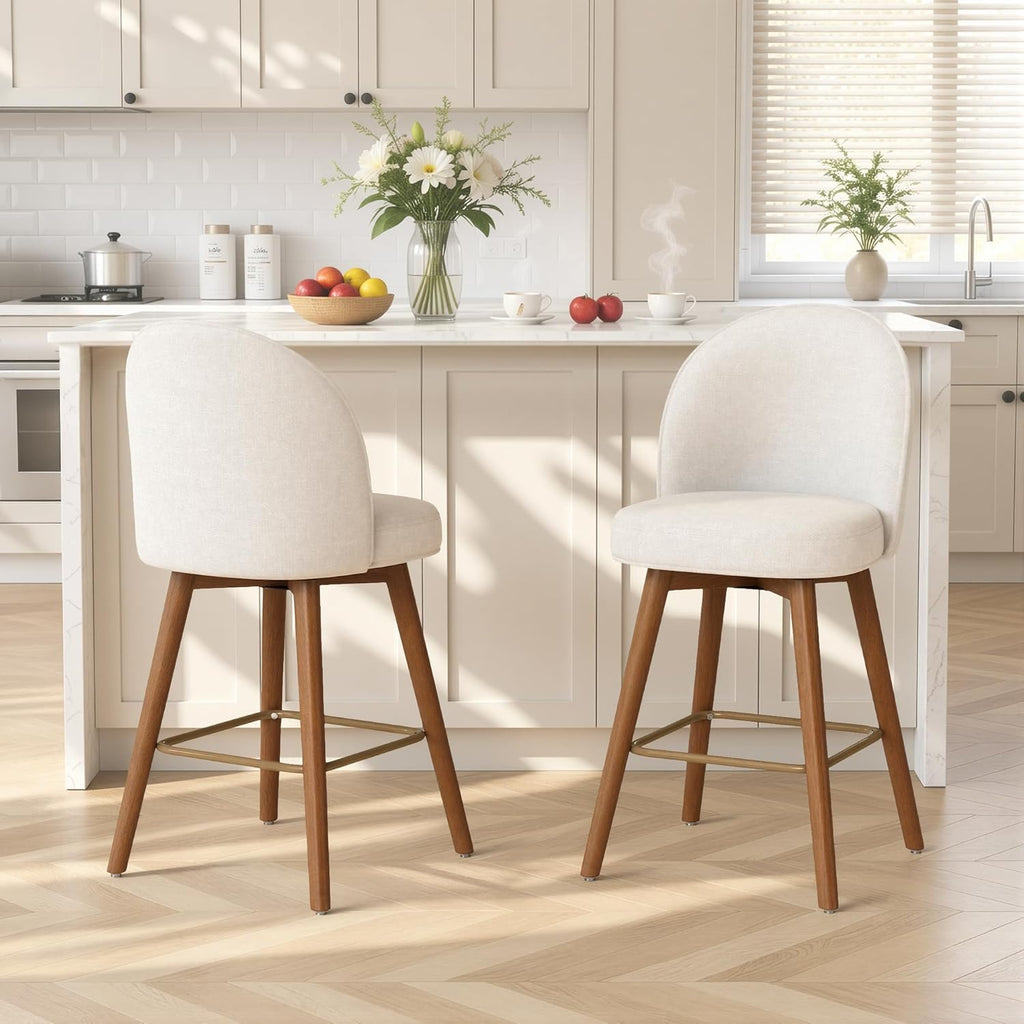 Modern Swivel Bar Stools Set of 3, Chic Upholstered Counter Height（26IN） Bar Chair with Back, Solid Wood Legs and Footrest, Comfortable Chenille Bar Stool for Kitchen Island, Cream Beige