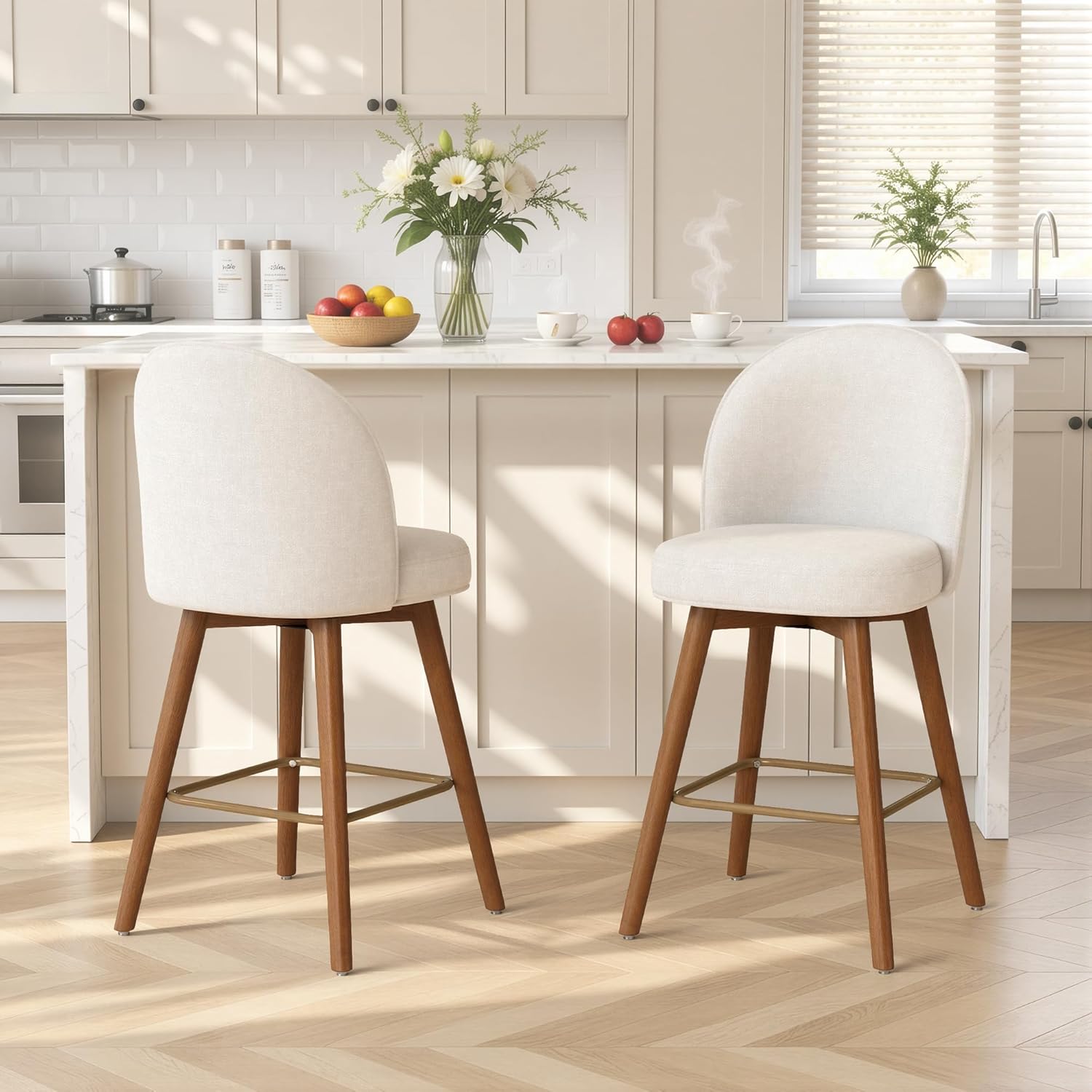 Modern Swivel Bar Stools Set of 3, Chic Upholstered Counter Height（26IN） Bar Chair with Back, Solid Wood Legs and Footrest, Comfortable Chenille Bar Stool for Kitchen Island, Cream Beige
