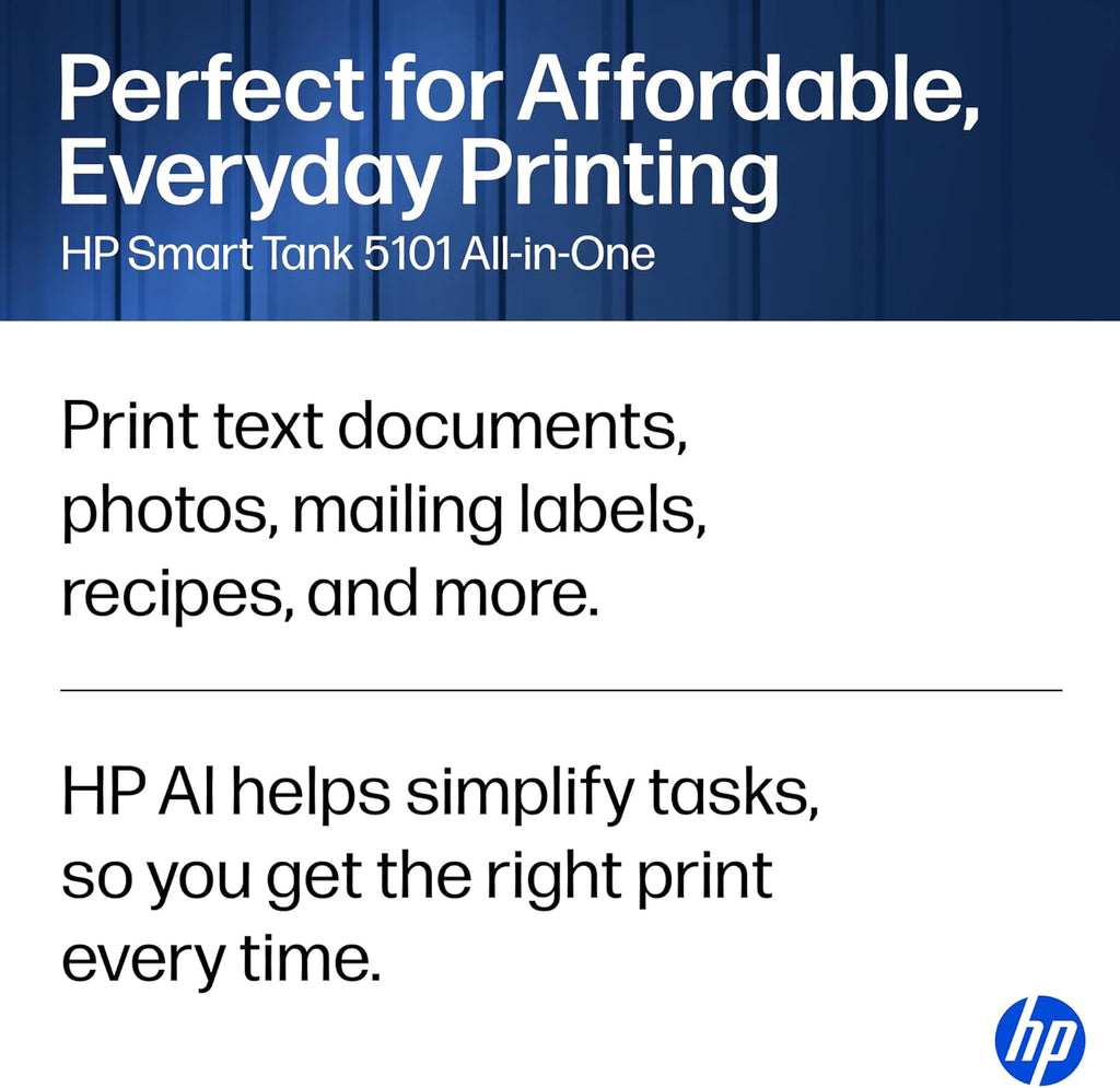 HP Smart Tank 5101 Wireless All-in-One Refillable Printer, Scanner, Copier with 2 years of Ink included, Wireless printer-for-home use an EcoTank Alternative (1F3Y0A)