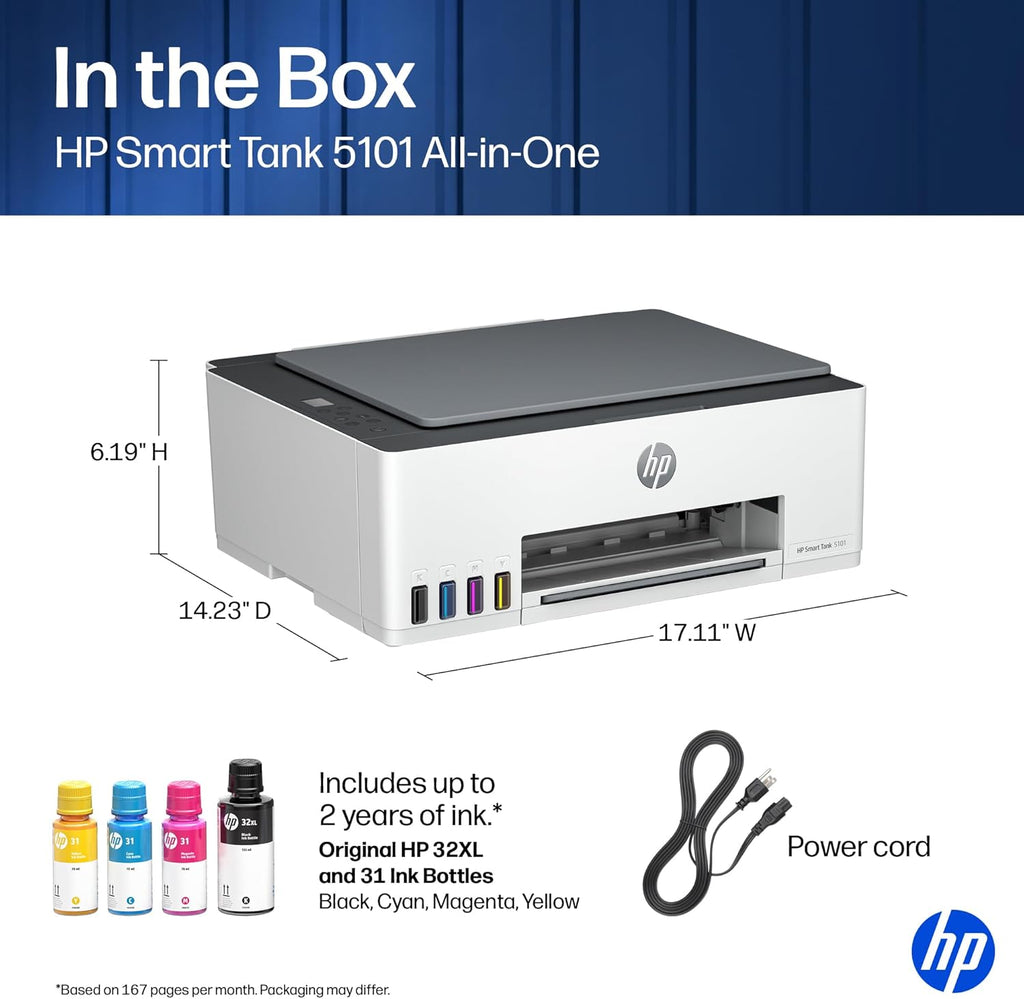 HP Smart Tank 5101 Wireless All-in-One Refillable Printer, Scanner, Copier with 2 years of Ink included, Wireless printer-for-home use an EcoTank Alternative (1F3Y0A)