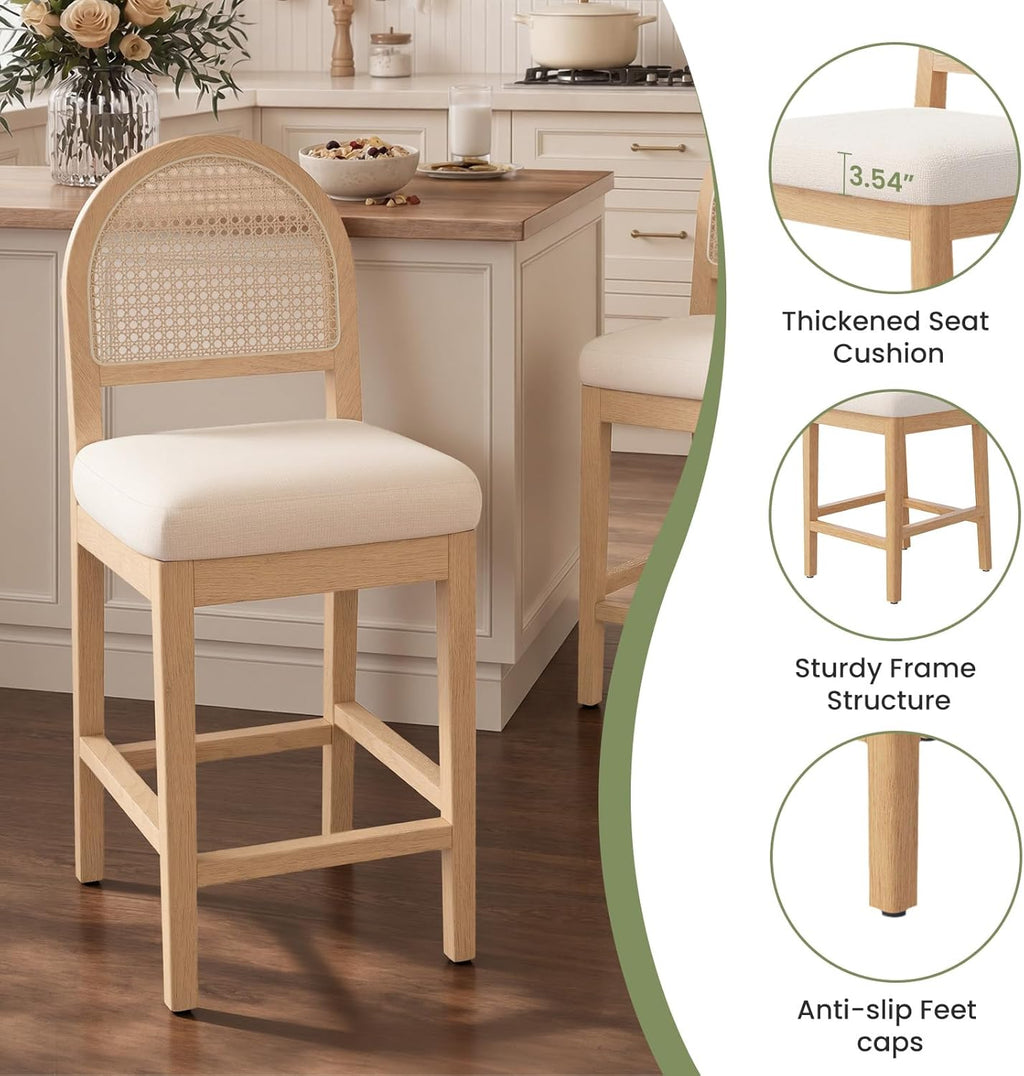 Farmhouse Rattan Counter Height Bar Stools Set of 3, Chenille Upholstered Barstools with Solid Wood Frame & Legs, Chic Kitchen Island Chairs, Natural
