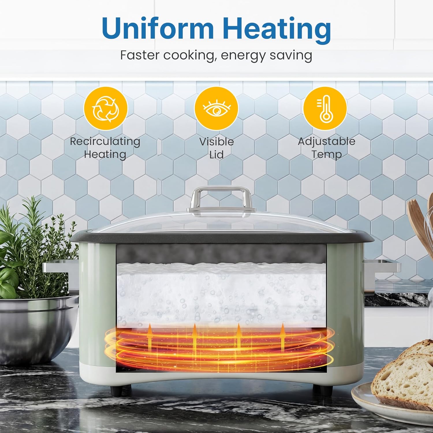12-in-1 Programmable Slow Cooker Roaster Oven, 8 Quart Digital Multi-Cooker Food Warmer with Timer, Temp Control & Auto Shut Off, Removable Non-Stick Pot, Dishwasher-Safe Glass Lid, Green
