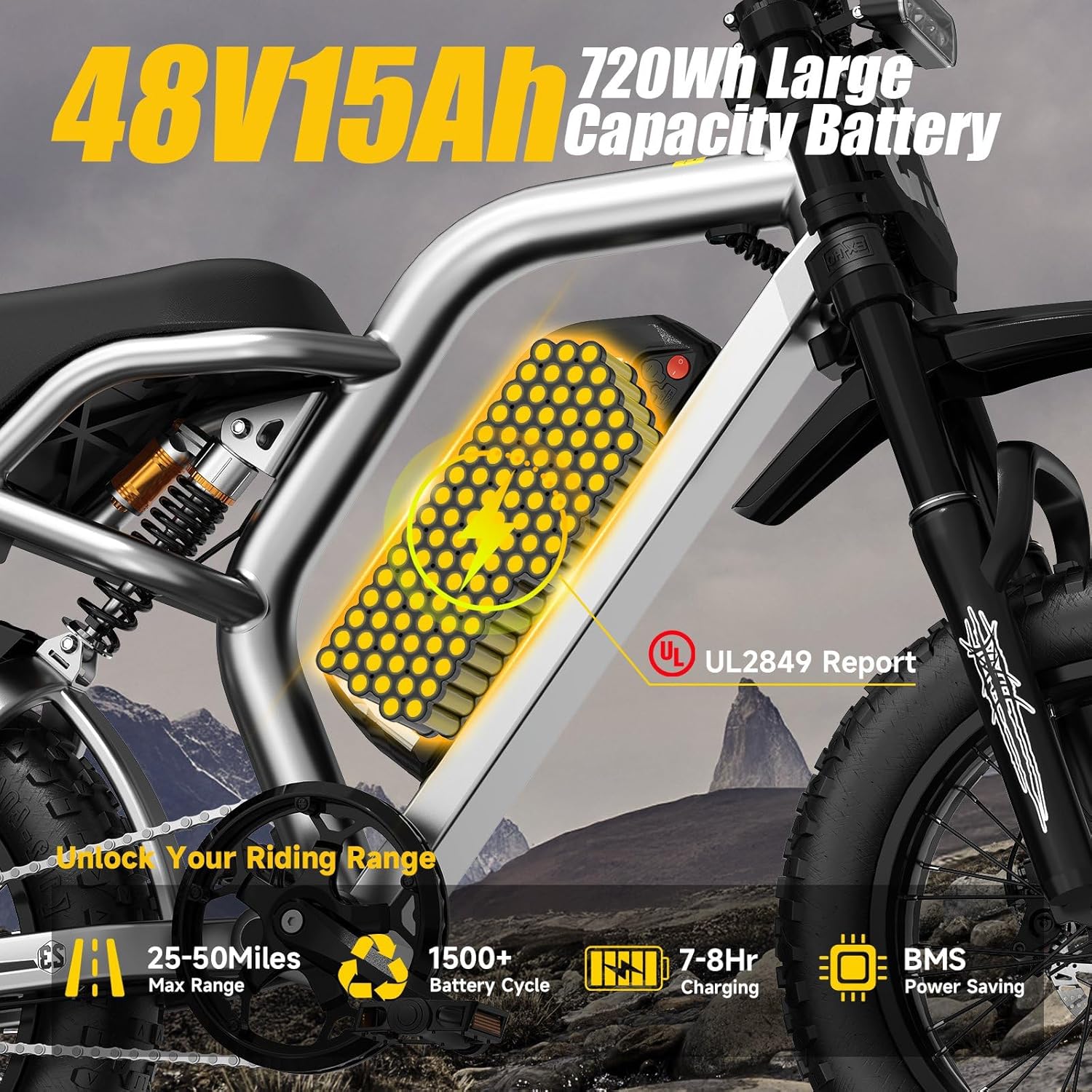 48/52V 15.6/25/40AH Fat Tire Electric Bike for Adults, UL2849 Certified 90% Pre-Assembled Folding E-Bike with Removable Battery & Cargo Rack
