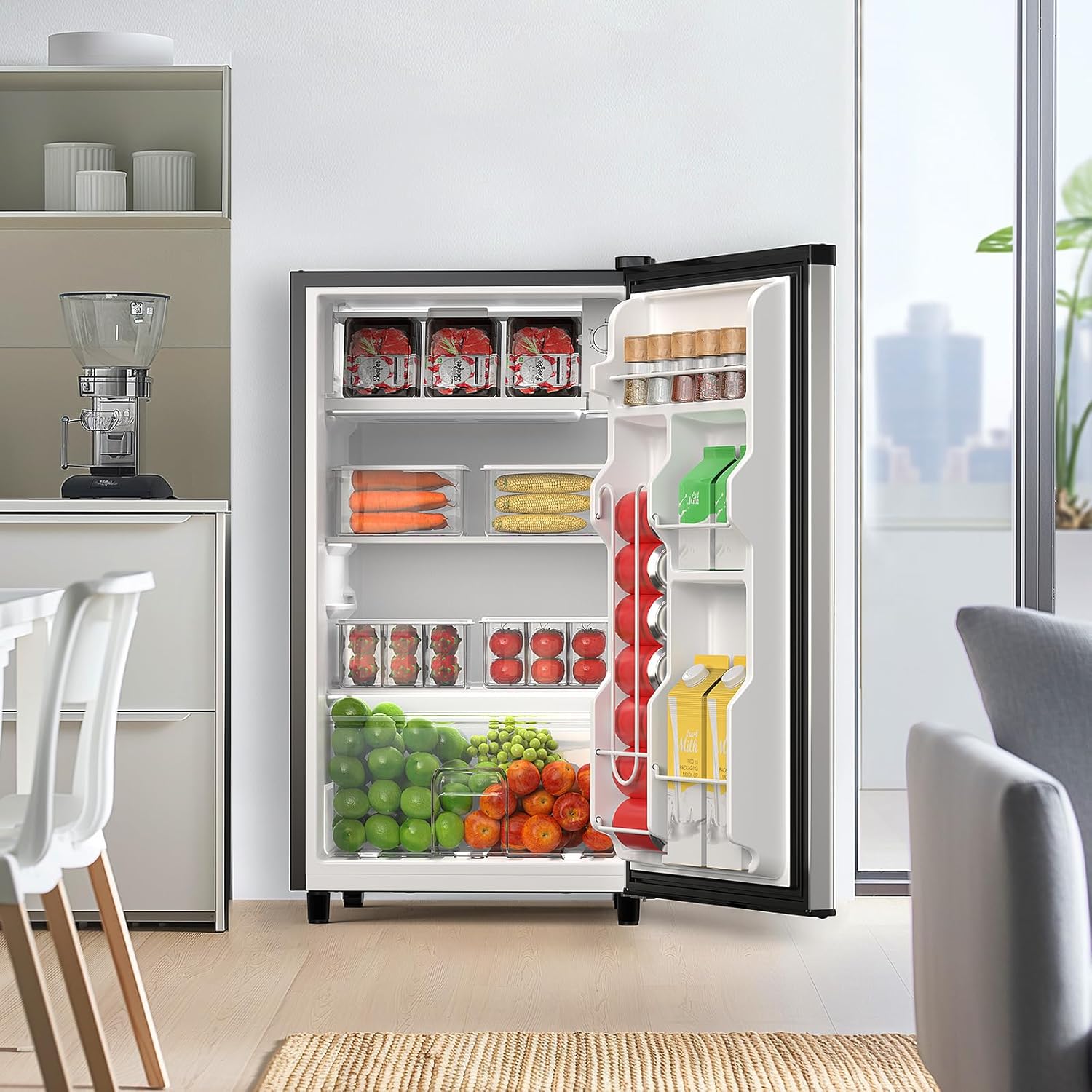 DUMOS 3.2 Cu.Ft Mini Fridge with Freezer, Single Door Refrigerator with Adjustable Thermostat, Compact Small Fridge for Bedroom, Office, Dorm, 17.72"*17.72"*31" Silver