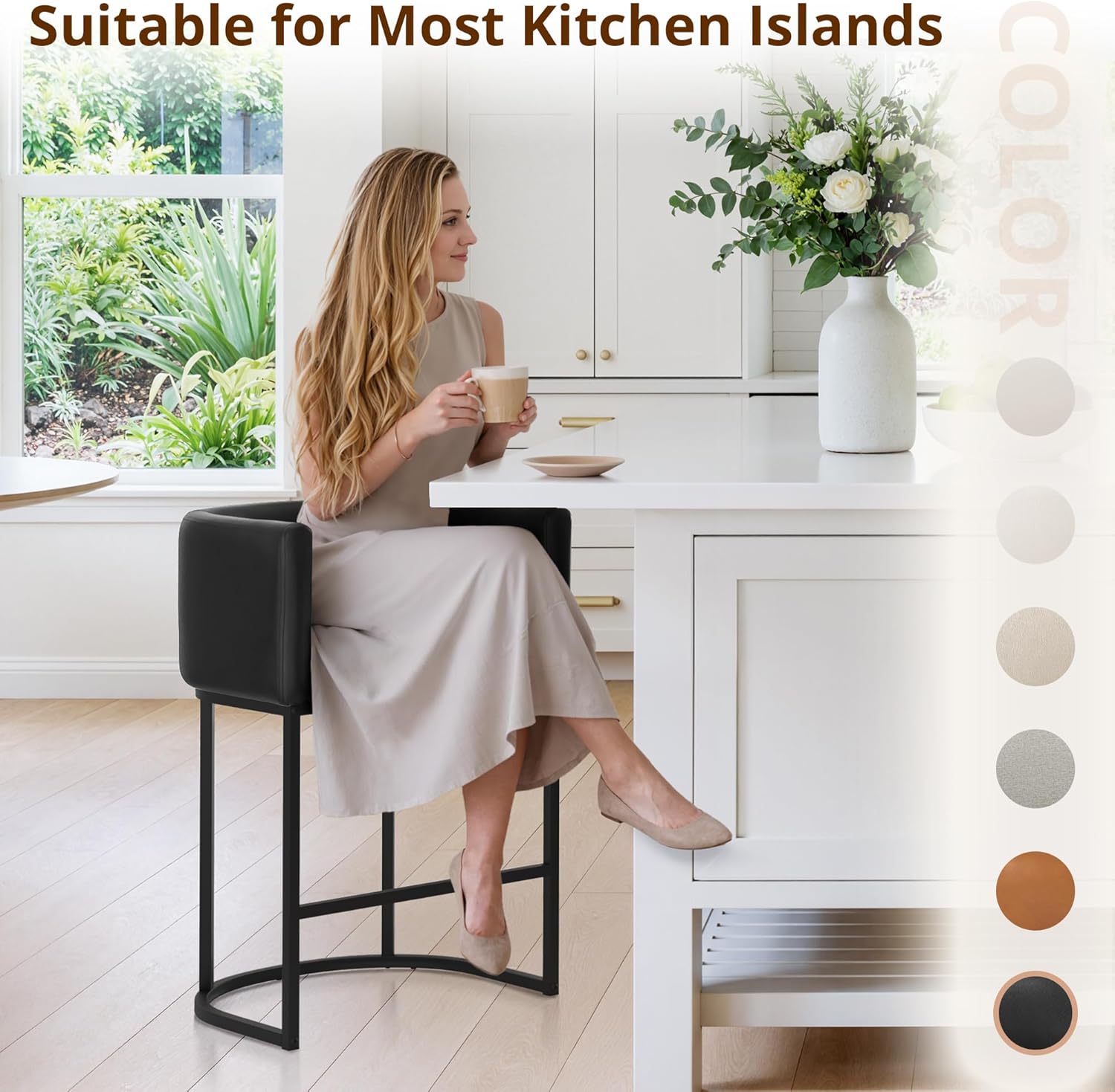 LUE BONA 27" H Counter Height Bar Stools Set of 3, Modern Barrel Counter Stools with Backrest and Arms, Black Metal Frames,Faux Leather Upholstered Accent Barstools for Kitchen Island,Black