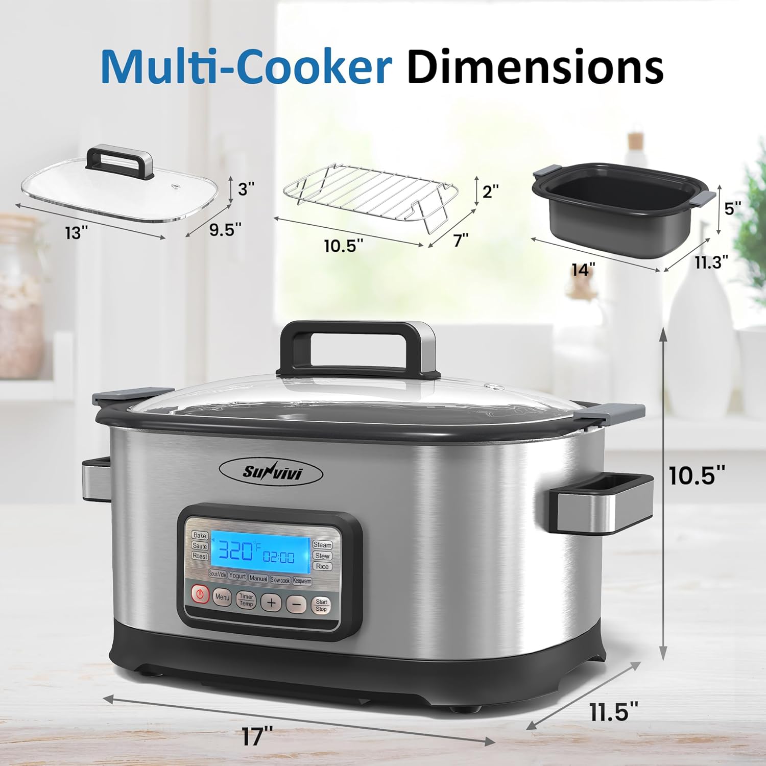 11-in-1 Multi Cooker 6.5QT, Programmable slow cooker with Nonstick Removable Pot, Digital Display, Adjustable Temp & Time for Slow Cook, Saute, Steam, Rice, Yogurt, Warmer