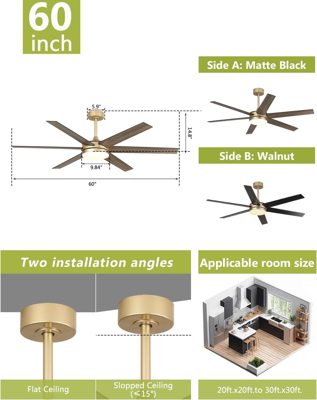 60 Inch Large Gold Ceiling fan with Lights and Remote/APP, Modern Black and Gold Ceiling Fan for bedroom Living Room Shop with 3CCT, 6-Speeds, Timer, 5 Blade Indoor Sleek Brass Fandelier