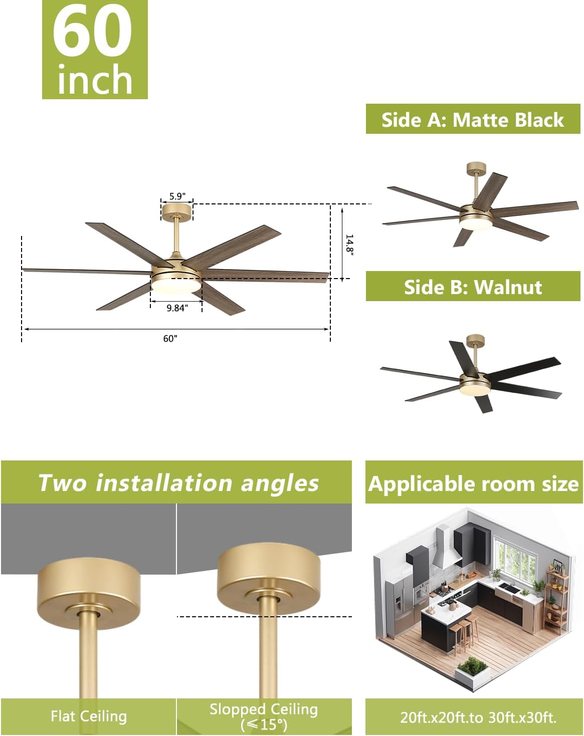 60 Inch Large Gold Ceiling fan with Lights and Remote/APP, Modern Black and Gold Ceiling Fan for bedroom Living Room Shop with 3CCT, 6-Speeds, Timer, 5 Blade Indoor Sleek Brass Fandelier