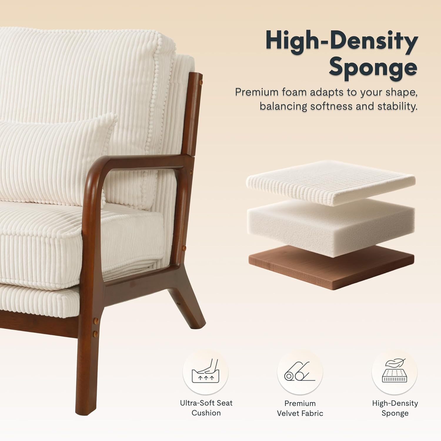 LEXISPOT AC1 Accent Chairs Set of 2, Upholstered Mid Century Modern Corduroy Armchairs with Solid Wood Frame, Comfy Lounge Reading Chairs Farmhouse Armchairs for Living Room, Bedroom, Balcony (Cream)