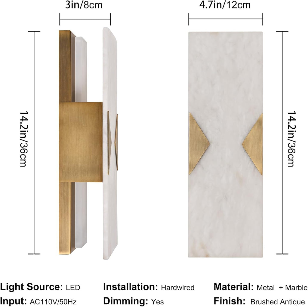 Alabaster Wall Sconces Set of 2,14.2in Modern Natural Marble Vanity Light, Hardwired Brass Gold Wall Sconces Lighting for Living Room,Bedroom,Indoor LED Alabaster Sconces for Bathroom Mirror,Hallway