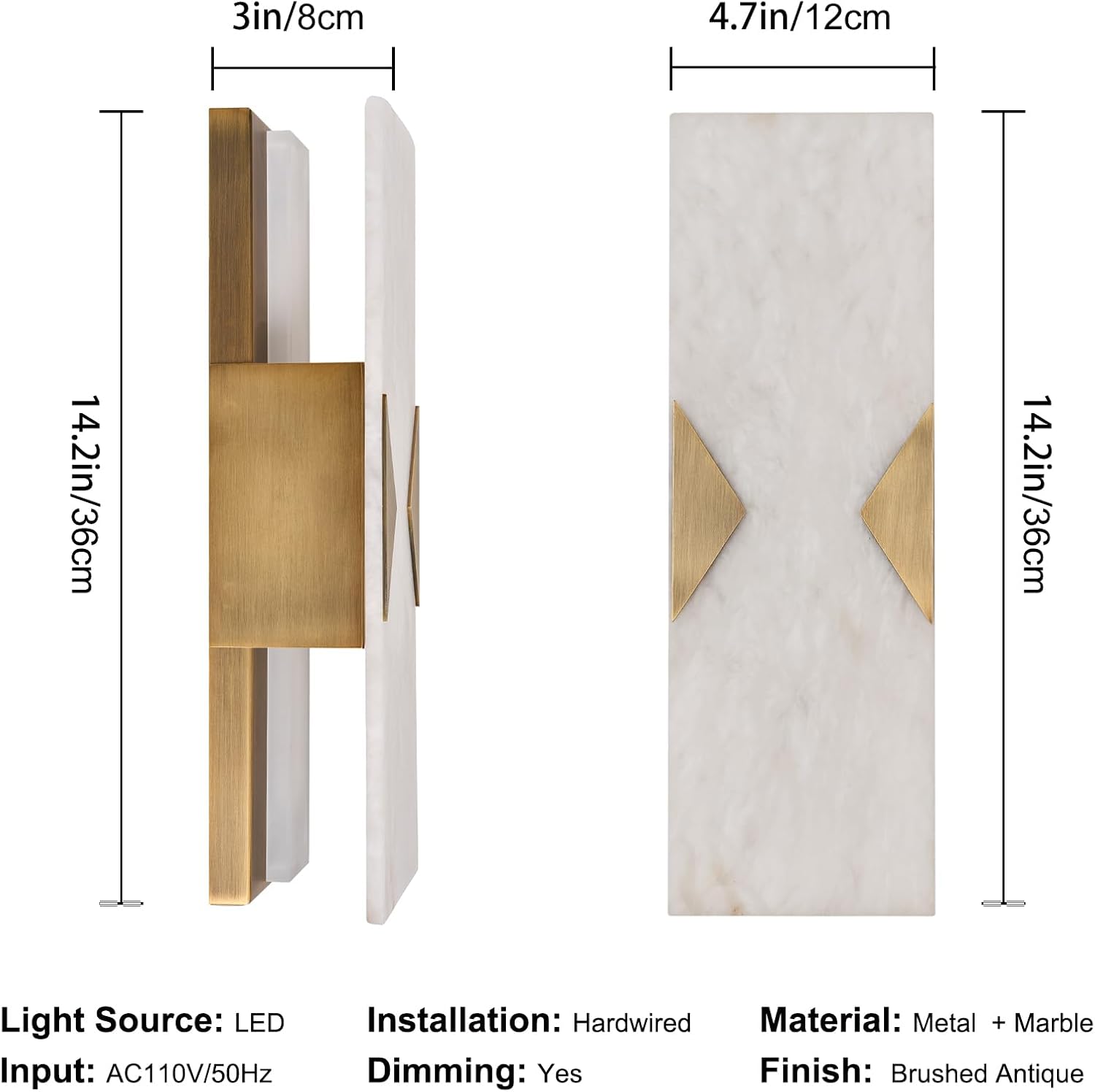 Alabaster Wall Sconces Set of 2,14.2in Modern Natural Marble Vanity Light, Hardwired Brass Gold Wall Sconces Lighting for Living Room,Bedroom,Indoor LED Alabaster Sconces for Bathroom Mirror,Hallway