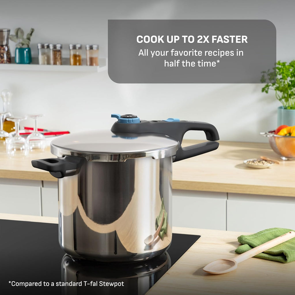 T-Fal Secure Trendy Stainless Steel Pressure Cooker, 8.5 Quart, Steam Basket, Induction, Secure Locking System, Easy and Safe Opening, Compatible with All Cooktops, Dishwasher Safe, Silver
