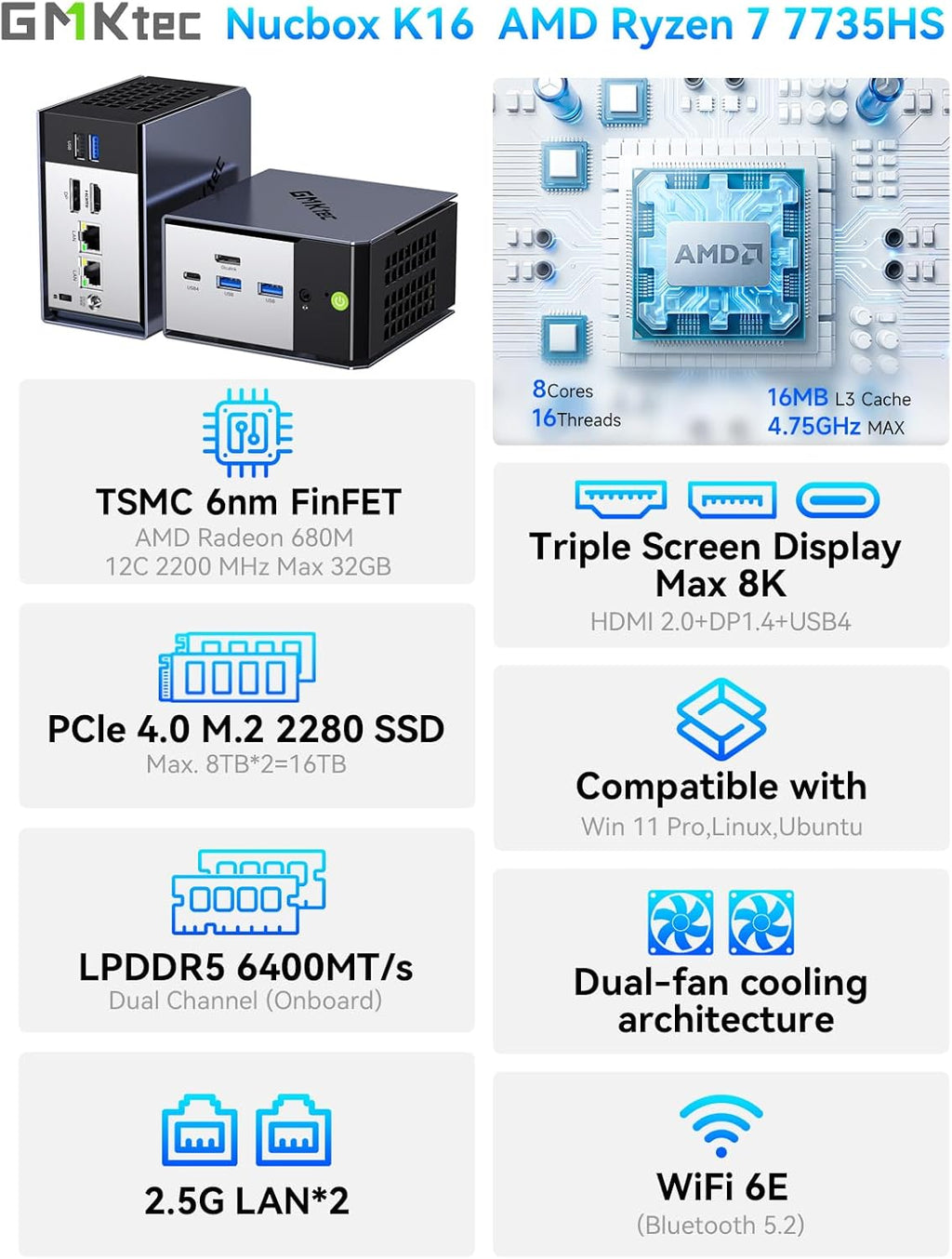 GMKtec K16 Mini PC Gaming Desktop Computer AMD Ryzen 7 7735HS (8C/16T 4.75Ghz) 32GB LPDDR5 6400MT/s RAM + 512GB Hard Drive SSD, Dual NIC LAN 2.5GbE, Oculink, USB4, HDMI, USB-C