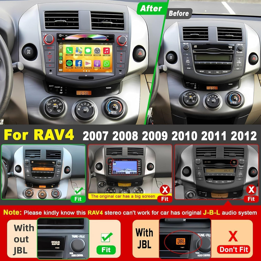 Car Radio for Toyota RAV4 2007 2008 2009 2010 2011 2012, 7-inch Touch Screen Stereo Support CD/DVD,CarPlay&Android Auto, Bluetooth5.2&Voice Control, Backup Camera& SWC,AM/FM Car Radio Receiver