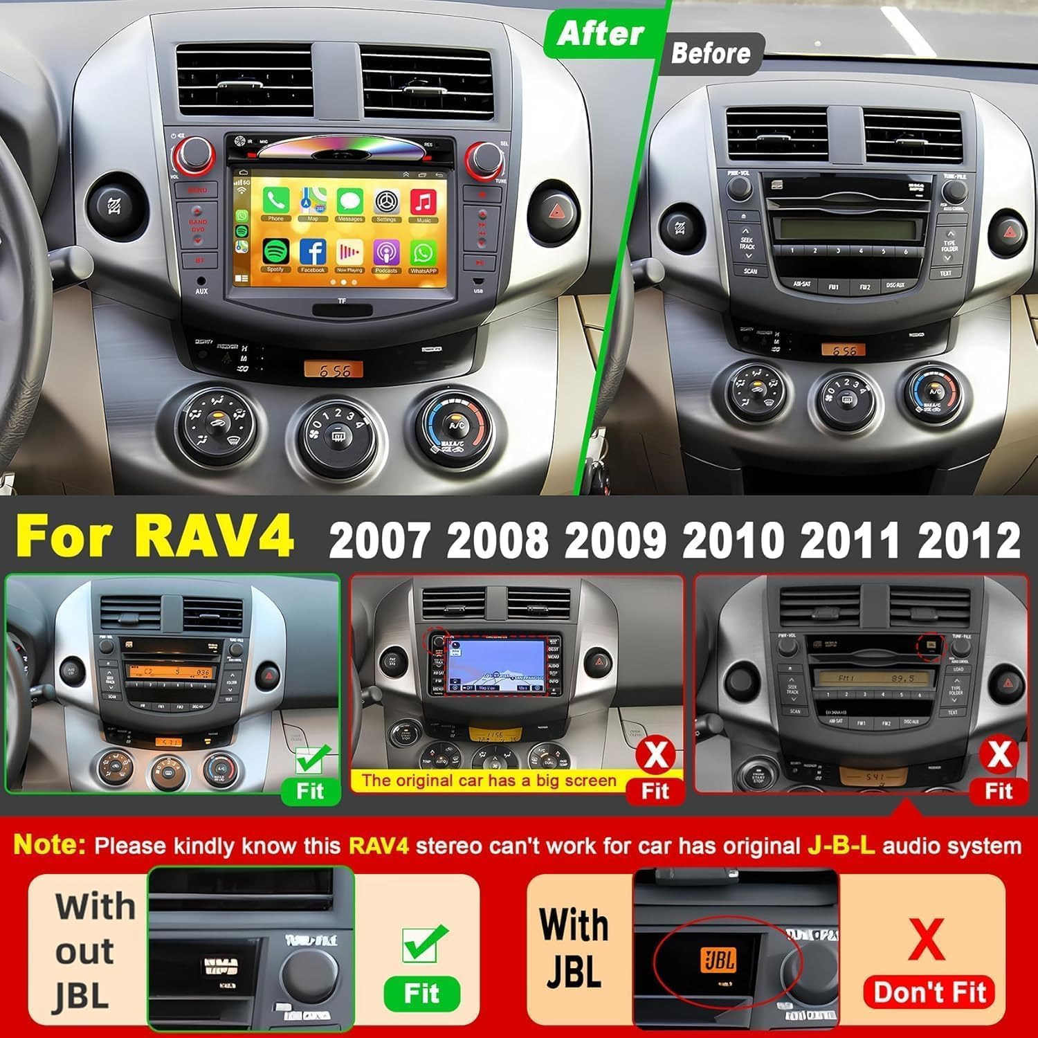 Car Radio for Toyota RAV4 2007 2008 2009 2010 2011 2012, 7-inch Touch Screen Stereo Support CD/DVD,CarPlay&Android Auto, Bluetooth5.2&Voice Control, Backup Camera& SWC,AM/FM Car Radio Receiver