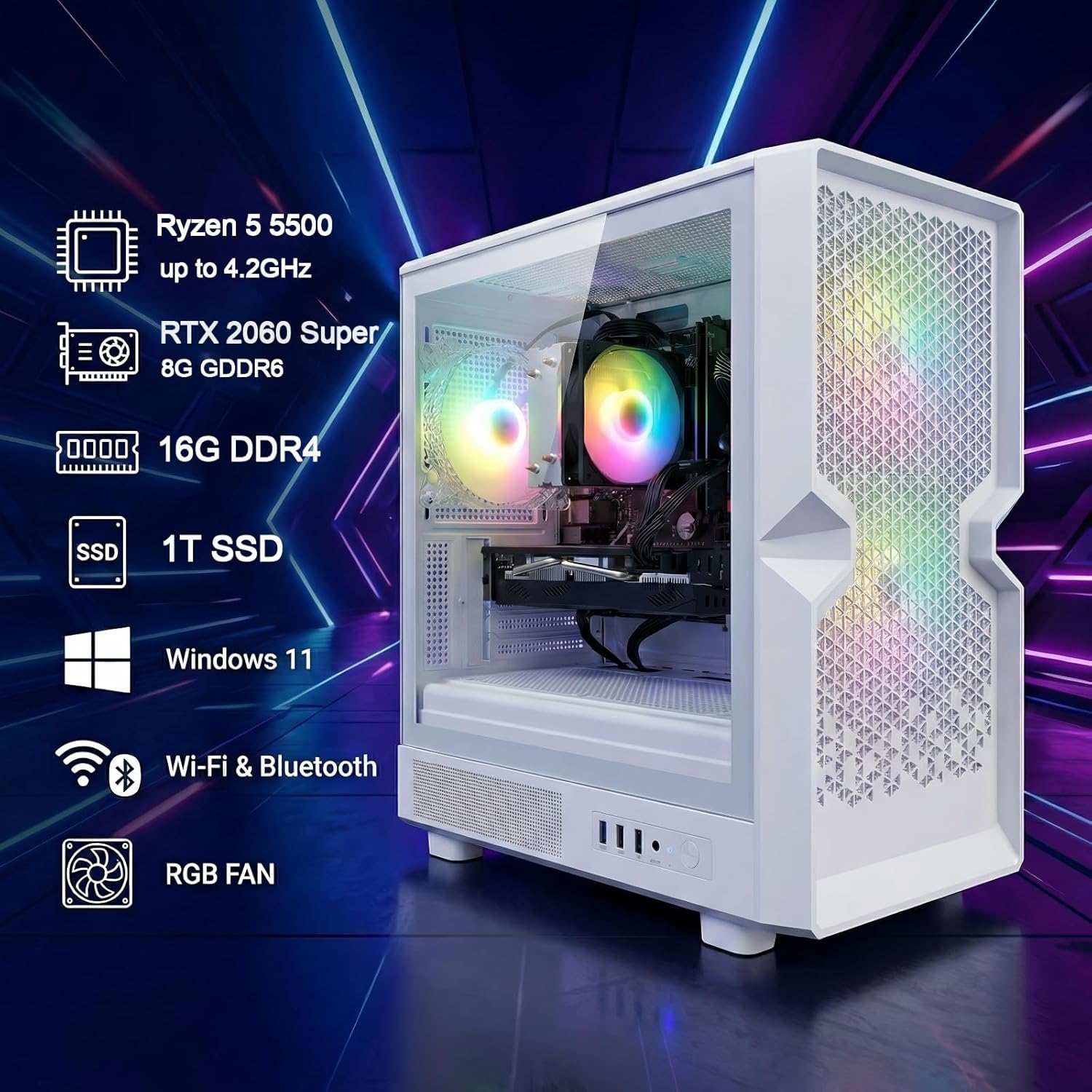 STGAubron Gaming PC Computer Desktop, AMD Ryzen 5 5500 up to 4.2GHz, GeForce RTX 2060 Super 8G,16G DDR4, 1T SSD, WiFi 6 5G & BT 5.2, RGB Fan x3, Windows 11 Home