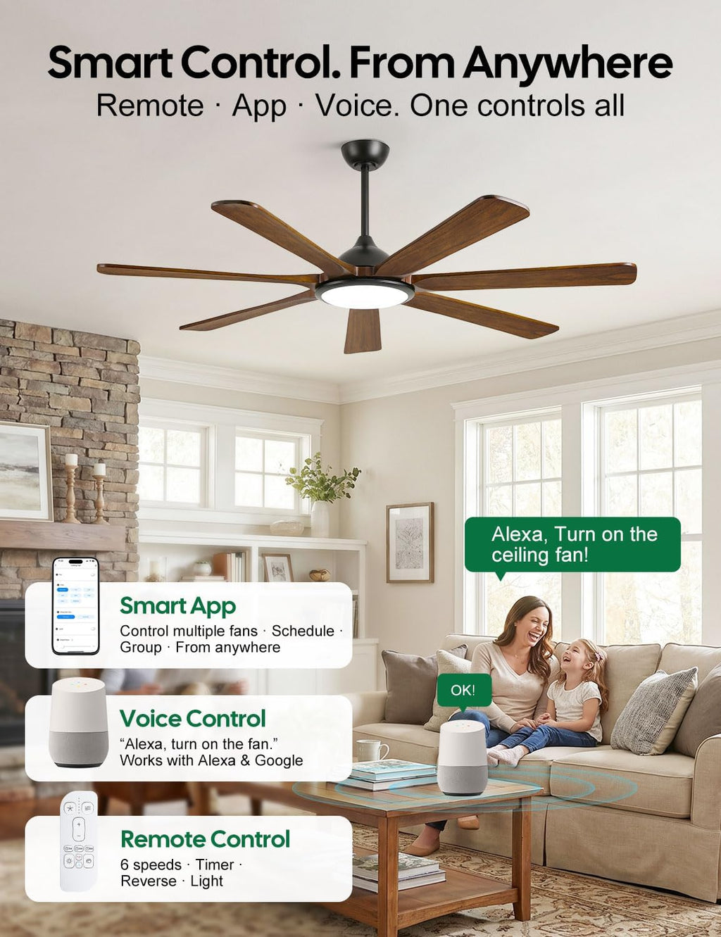 60 inch Smart Wood Ceiling Fan with Light, Remote/Alexa/App Control, Farmhouse Rustic Style, 7 Solid Walnut Blades, Indoor Outdoor High CFM Quiet DC Motor, Damp Rated for Covered Patio, Living Room