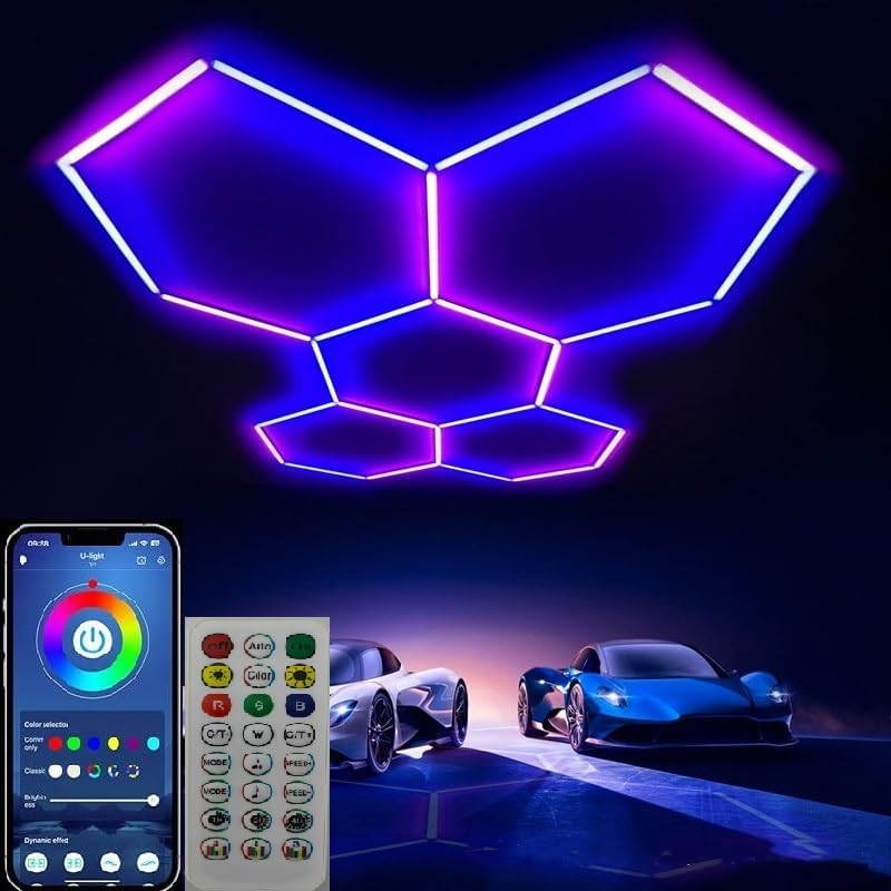 RGB LED Hexagon Garage Lighting Honeycomb Lamps 110-265V for Car Wash Repair Workshop Decor Ceiling Lighting LED Hexagon Lights for Gym Bar Gaming Room, Smart App,Remote Control