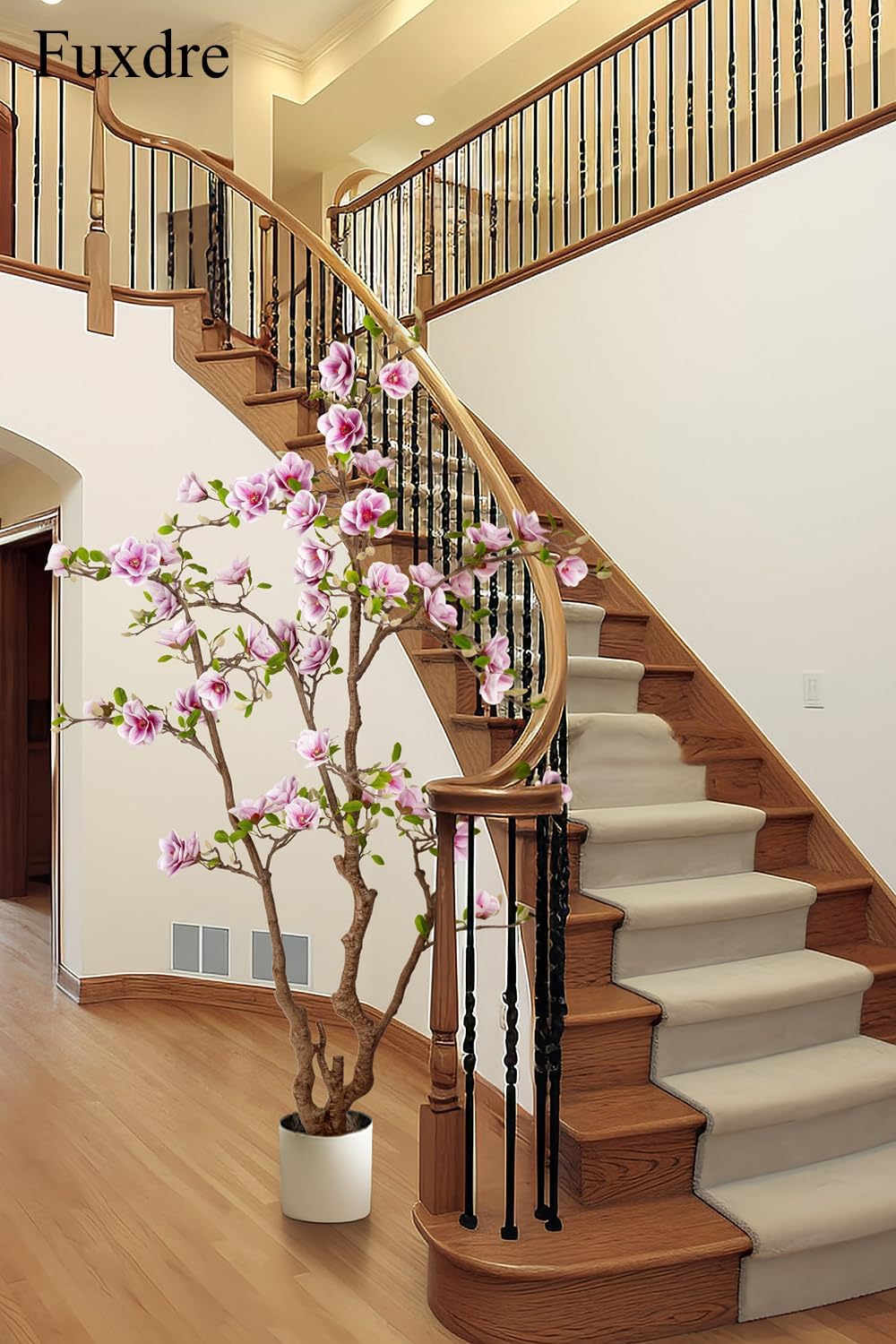 Faux Magnolia Tree 6.8 ft - with 57 Pcs White-Purple Flowers - Tall Artificial Plants Indoor, Large Fake Plant Perfect Potted Magnolia Flower Decor for Living Room, Stairs, Shop, Porch, Study Room
