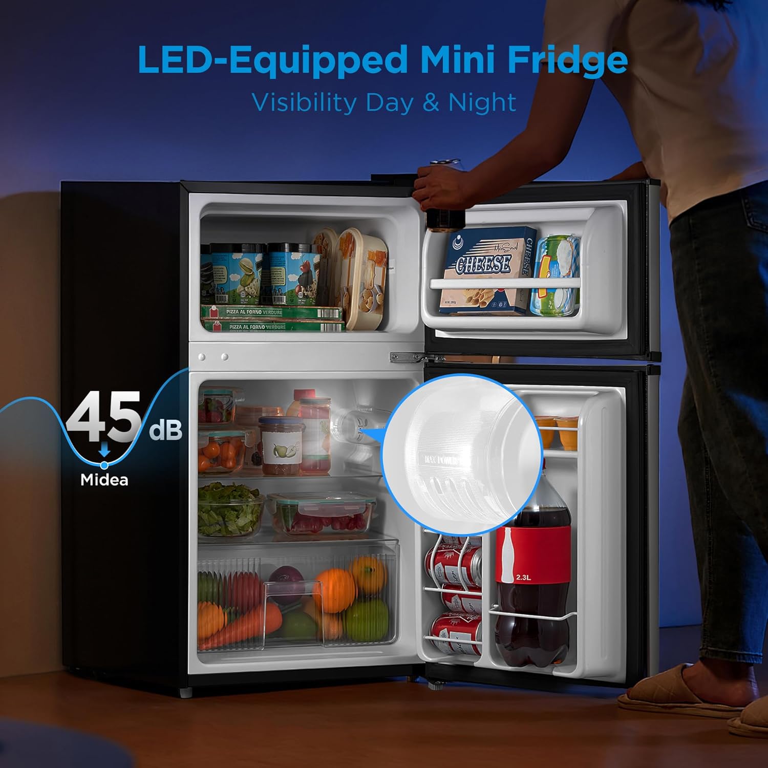 Midea WHD-113FSS1 Double Door Mini Fridge with Freezer for Bedroom Office or Dorm with Adjustable Remove Glass Shelves Compact Refrigerator, 3.1 cu ft, Stainless Steel