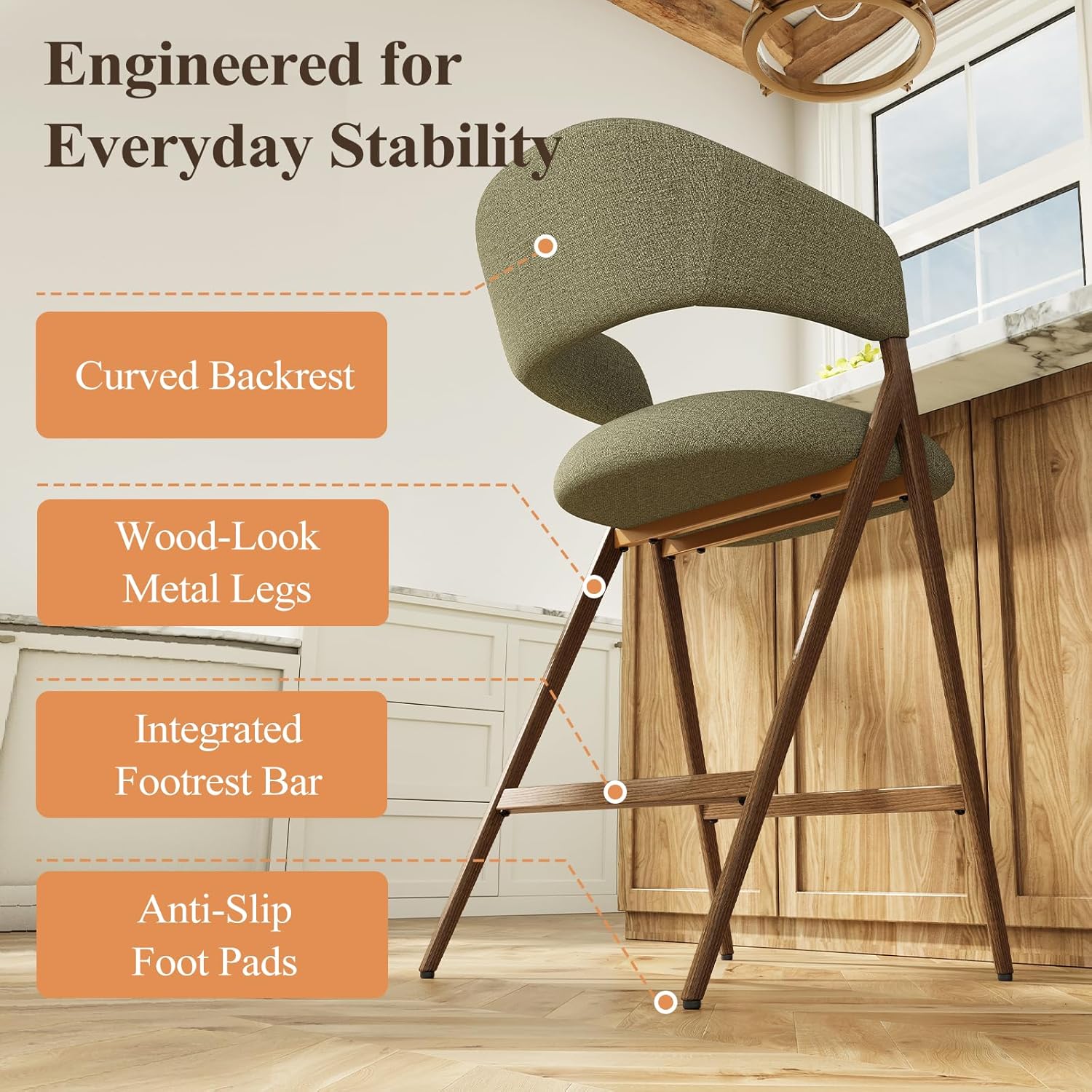 COLAMY Bar Stools Set of 2, 26" Counter Height Barstools with Backs, Modern Upholstered Bar Chairs with Metal Legs for Kitchen Island Counter, Dining Room, Green