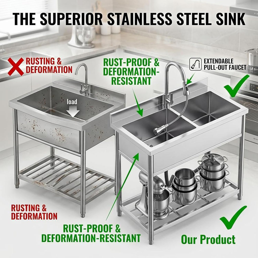 42" x 22" Freestanding Stainless Steel Utility Sink with Pull Down Faucet and Workbench Top, Extra Wide Basin for Laundry Room, Garage, or Workshop