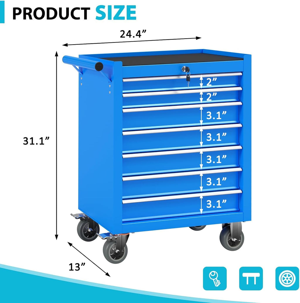 7 Drawers Metal Rolling Tool Chest, Portable Storage Tool Box with Wheels, Toolbox on Wheels for Warehouse, Garage, Repair Shop and Tool Room