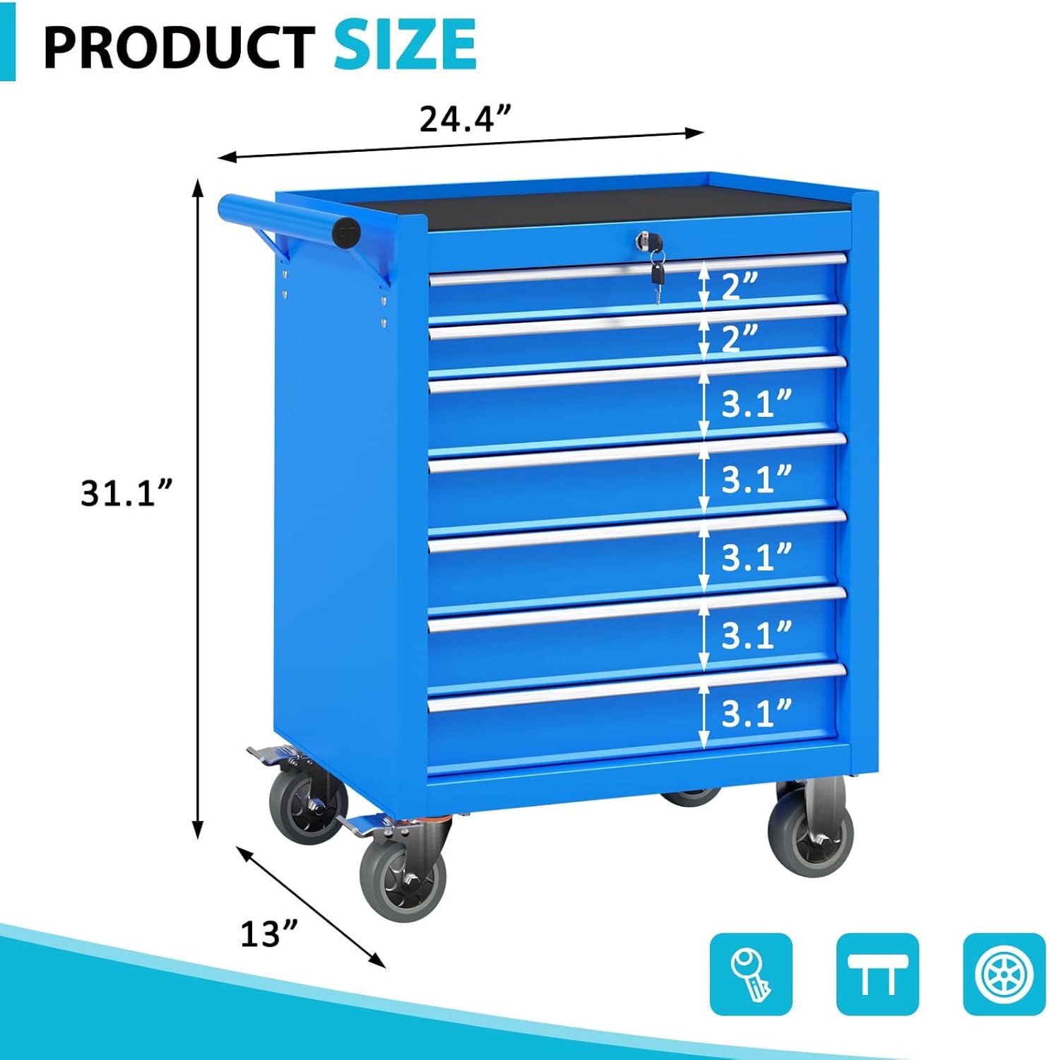 7 Drawers Metal Rolling Tool Chest, Portable Storage Tool Box with Wheels, Toolbox on Wheels for Warehouse, Garage, Repair Shop and Tool Room