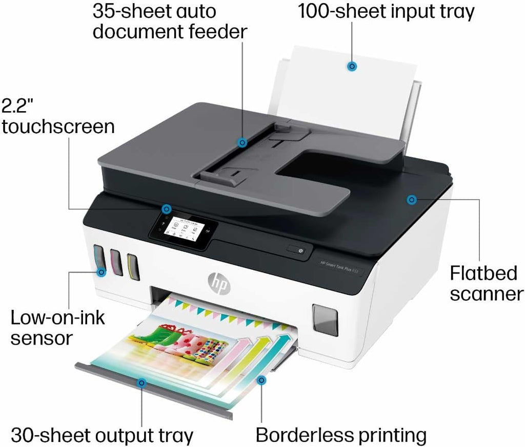 HP Smart Tank Plus 651 Wireless All-in-One Printer, Ink Tank Printer-for-Home Use, 2 Years of Ink Included Auto Document Feeder, Mobile Print, Scan, Copy, Fax, an EcoTank Alternative (7XV38A)
