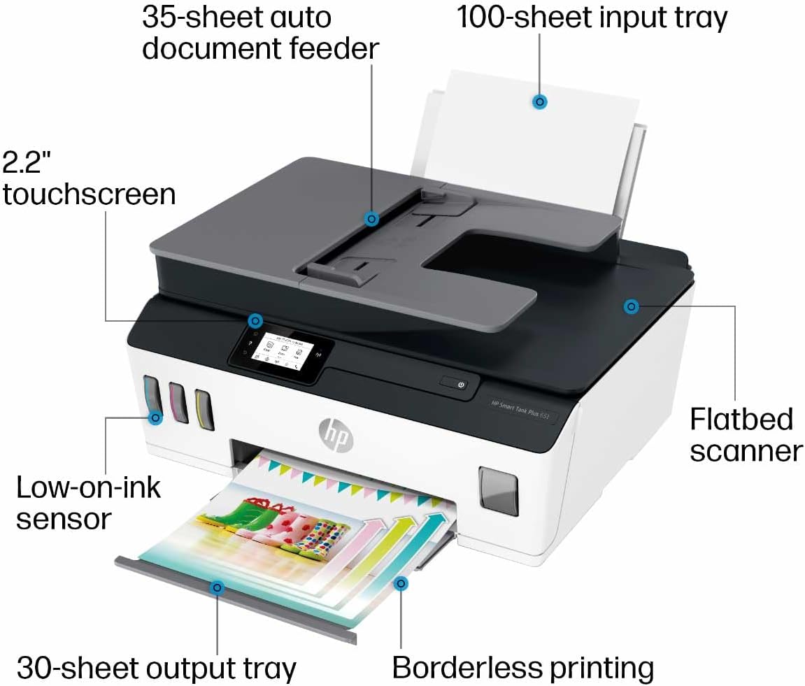 HP Smart Tank Plus 651 Wireless All-in-One Printer, Ink Tank Printer-for-Home Use, 2 Years of Ink Included Auto Document Feeder, Mobile Print, Scan, Copy, Fax, an EcoTank Alternative (7XV38A)
