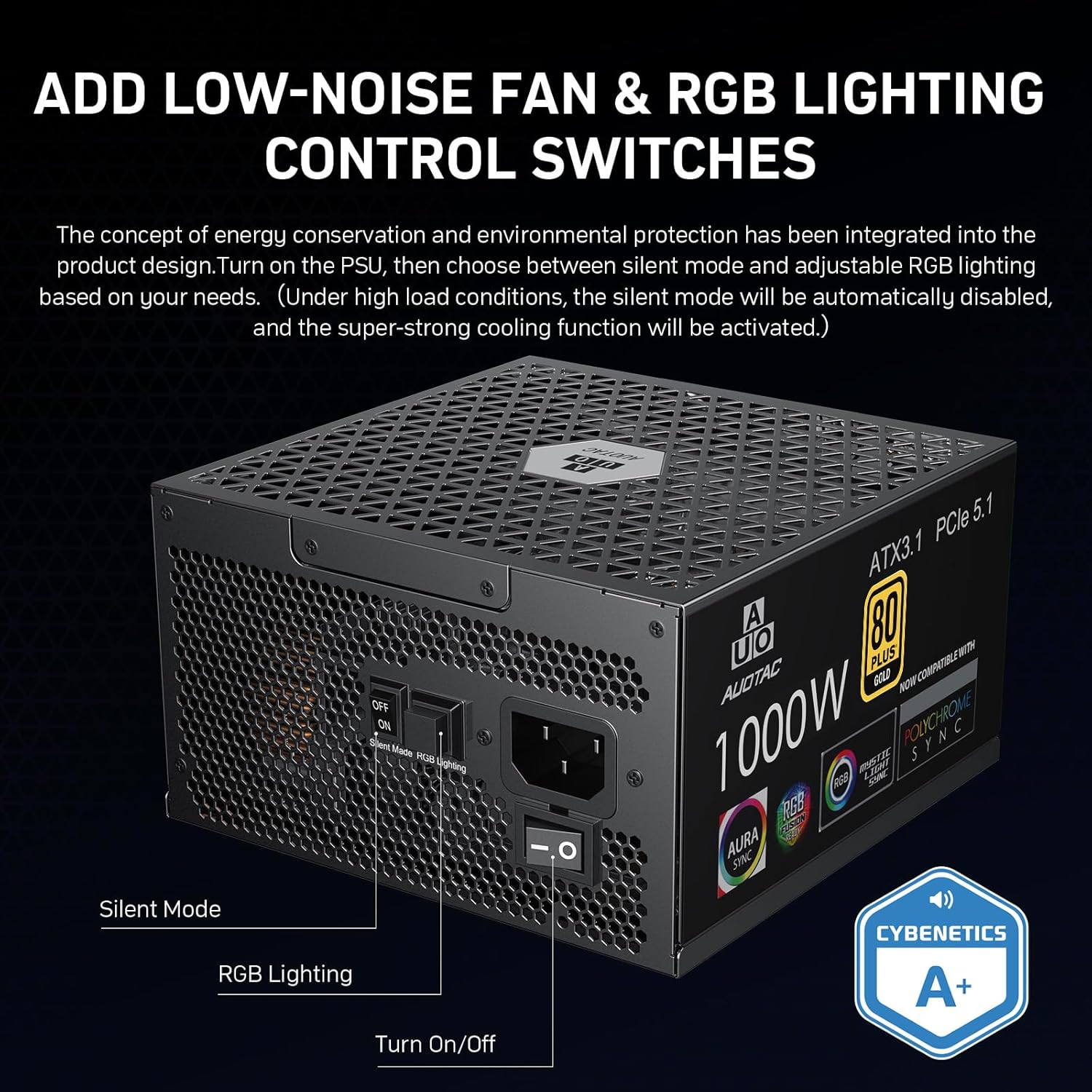 1000W Fully Modular Power Supply, 80+ Gold Certified PSU, ATX 3.1 & PCIe 5.1 Ready, 12V-2x6 Native Connector, 140mm RGB Low-Noise Smart Fan, 105℃ Japanese Capacitors, Black