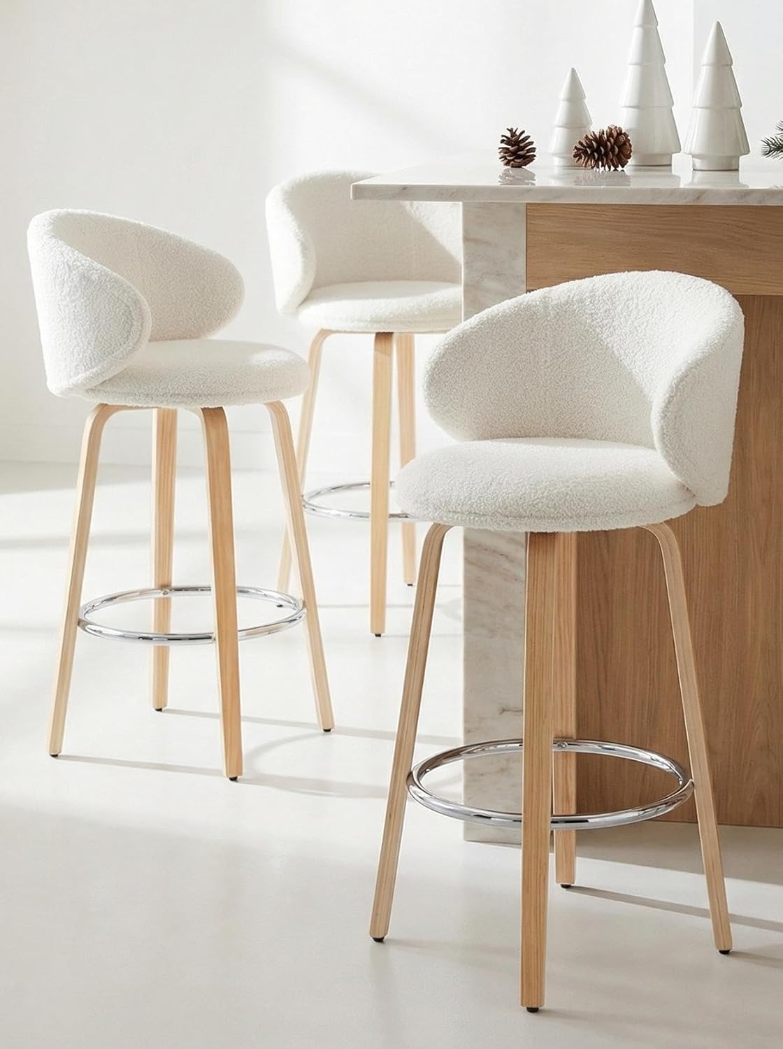 DUOMAY 2-Pack 26" Counter Height Bar Stools, White Sherpa Barrel Back Kitchen Island Chairs with Wood Legs for Dining Room, Bar, Coffee Shop