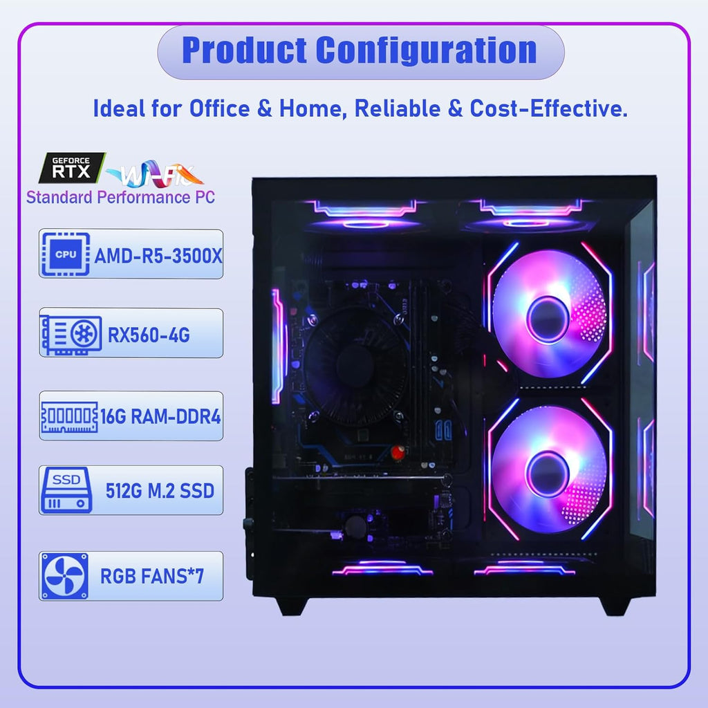 suevery Prebuilt Gaming PC Desktop, Ryzen 5 6-Core 3.6GHz Up to 4.1GHz | 16GB DDR4 RAM | 512G SSD | RX 560 4G Graphics Card | Wi-Fi 6, Gamer Computer Tower for Home Office, Black