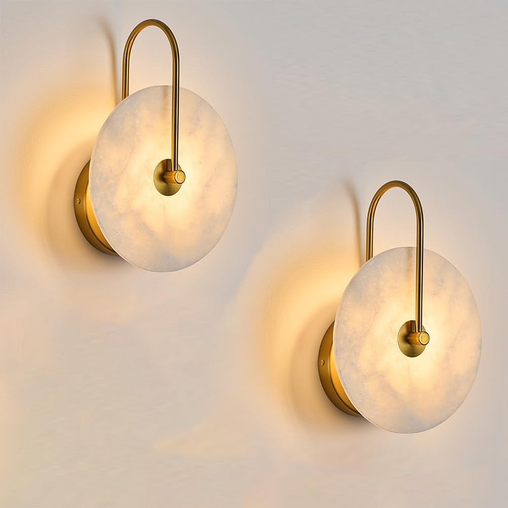 Round Alabaster Wall Sconce Set of Two, Natural Marble Lampshade Wall Sconce, Hardwired Circular Sconce LED Modern Wall Lamp for Bedroom, Stairs, Living Room, Bedside, Hallway