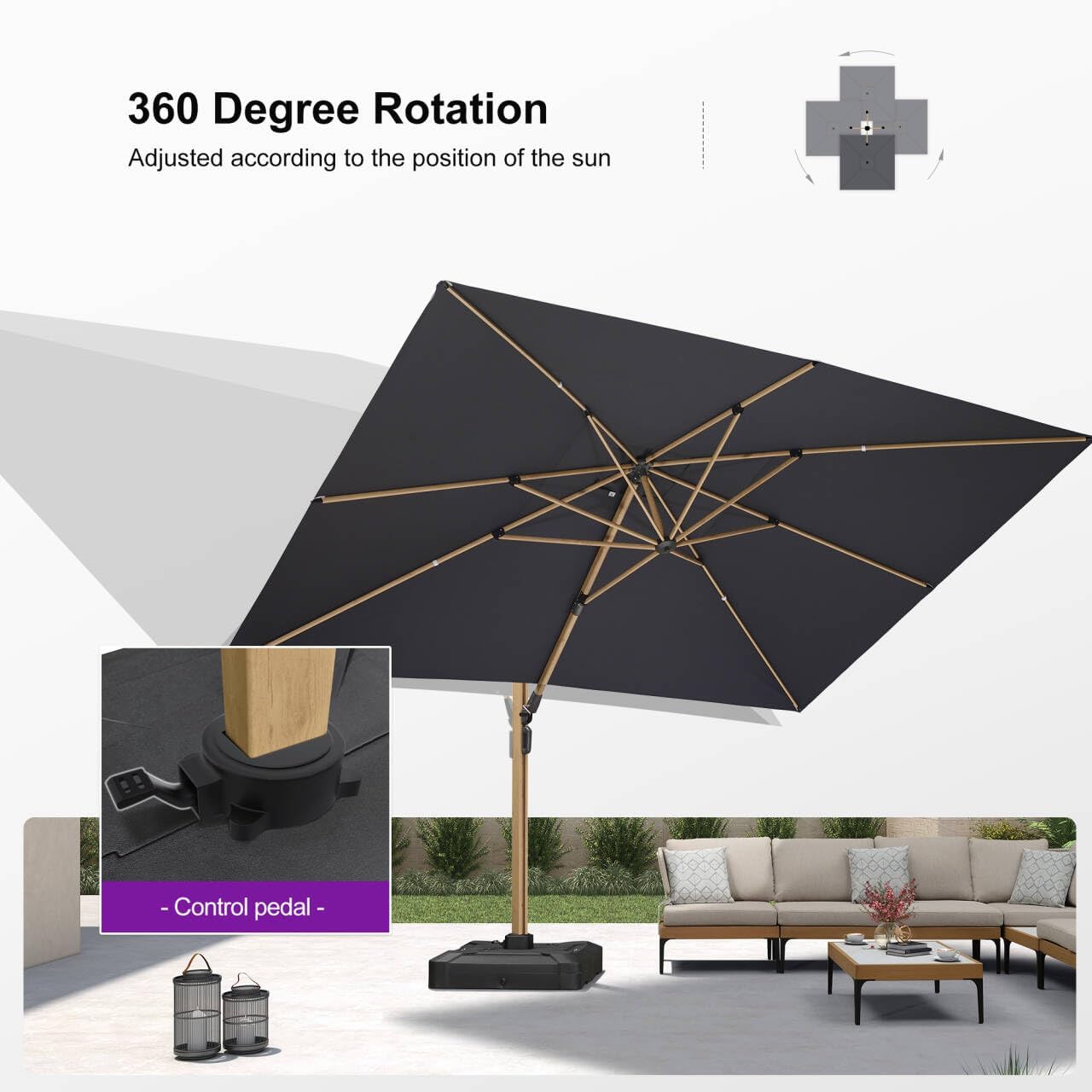 PURPLE LEAF 10' x 13' Rectangle Patio Cantilever Umbrella With Base Large Hanging Umbrella Teak Finished Aluminum Frame Windproof Offset Outdoor Sun Umbrellas for Beach Pool Deck, Grey