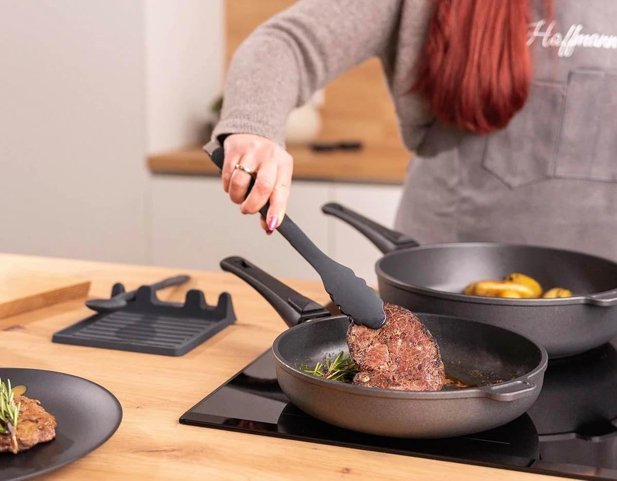 Hoffmann Nonstick Frying Pan Set (2-Piece) – PFAS-Free, Non Toxic, Made in Germany, 11" Deep + Flat Skillet with Lid, Induction Ready, Heavy Cast Aluminum (StonIQ Series)
