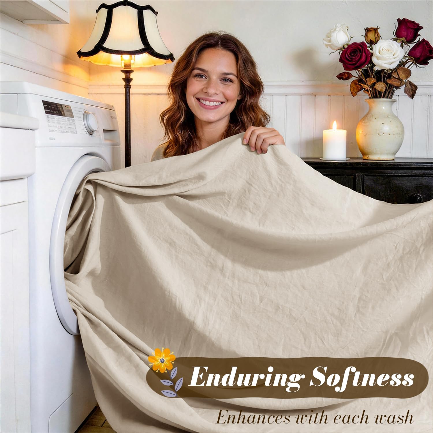 SONORO KATE 100% French Pure Linen Queen Size Sheets, Breathable and Durable Linen Bed Sheets, Anti-Tear, Machine Washable, 16 Inch Deep Pocket - 4 Piece (Natural Linen)