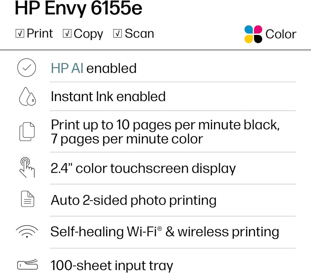 HP Envy 6155e Wireless All-in-One Color Inkjet Printer, Portobello, Print, scan, copy, Duplex printing Best-for-home, 3 month Instant Ink trial included, AI-enabled (714L5A)