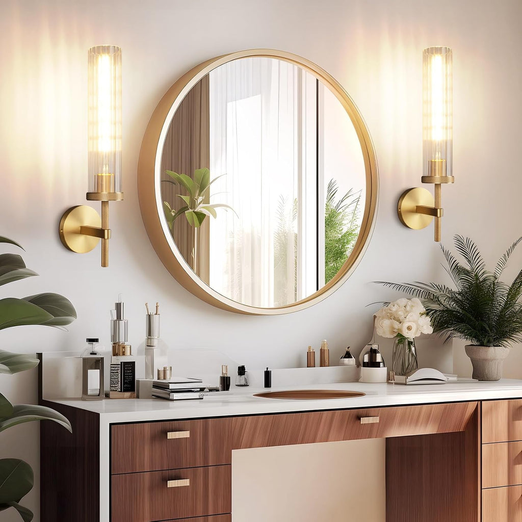 19.5" Knurled Brass Wall Sconces Set of 2, Gold Bathroom Vanity Light Fixtures with Vertical Striped Glass Tube, Modern Lamp Lighting for Bedroom, Living Room, Hallway, Staircase, Mirror, Kitchen