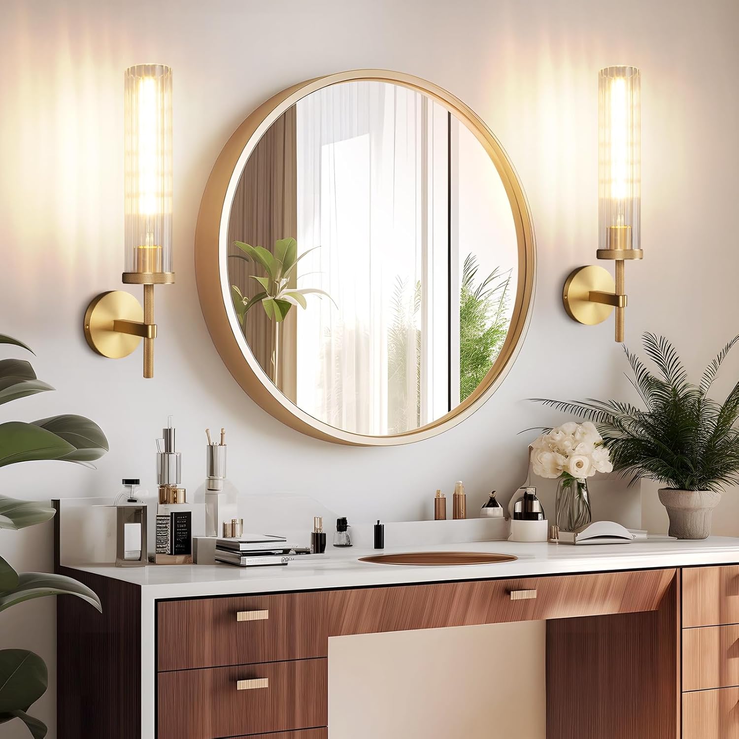 19.5" Knurled Brass Wall Sconces Set of 2, Gold Bathroom Vanity Light Fixtures with Vertical Striped Glass Tube, Modern Lamp Lighting for Bedroom, Living Room, Hallway, Staircase, Mirror, Kitchen